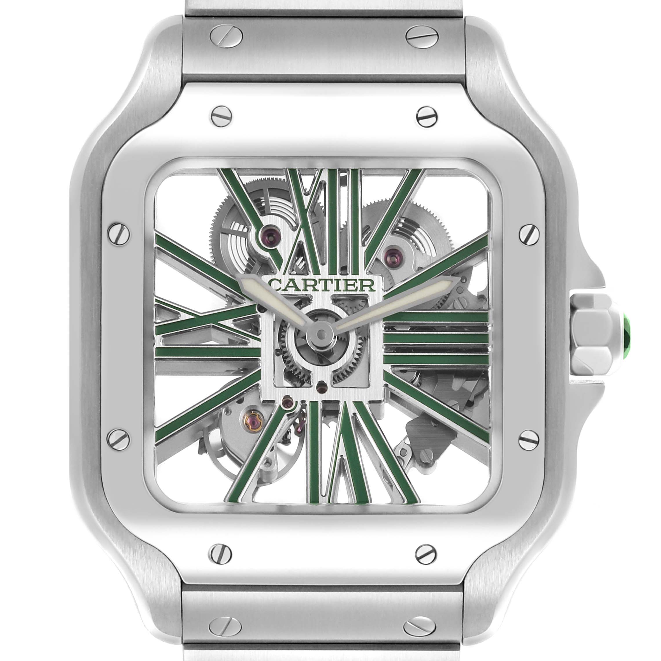 The image shows the Cartier Santos WHSA0028 Men's Stainless Steel Transparent Dial WHSA0028 Men's Stainless Steel Transparent Dial watch face straight on, highlighting the skeleton dial and green accents.