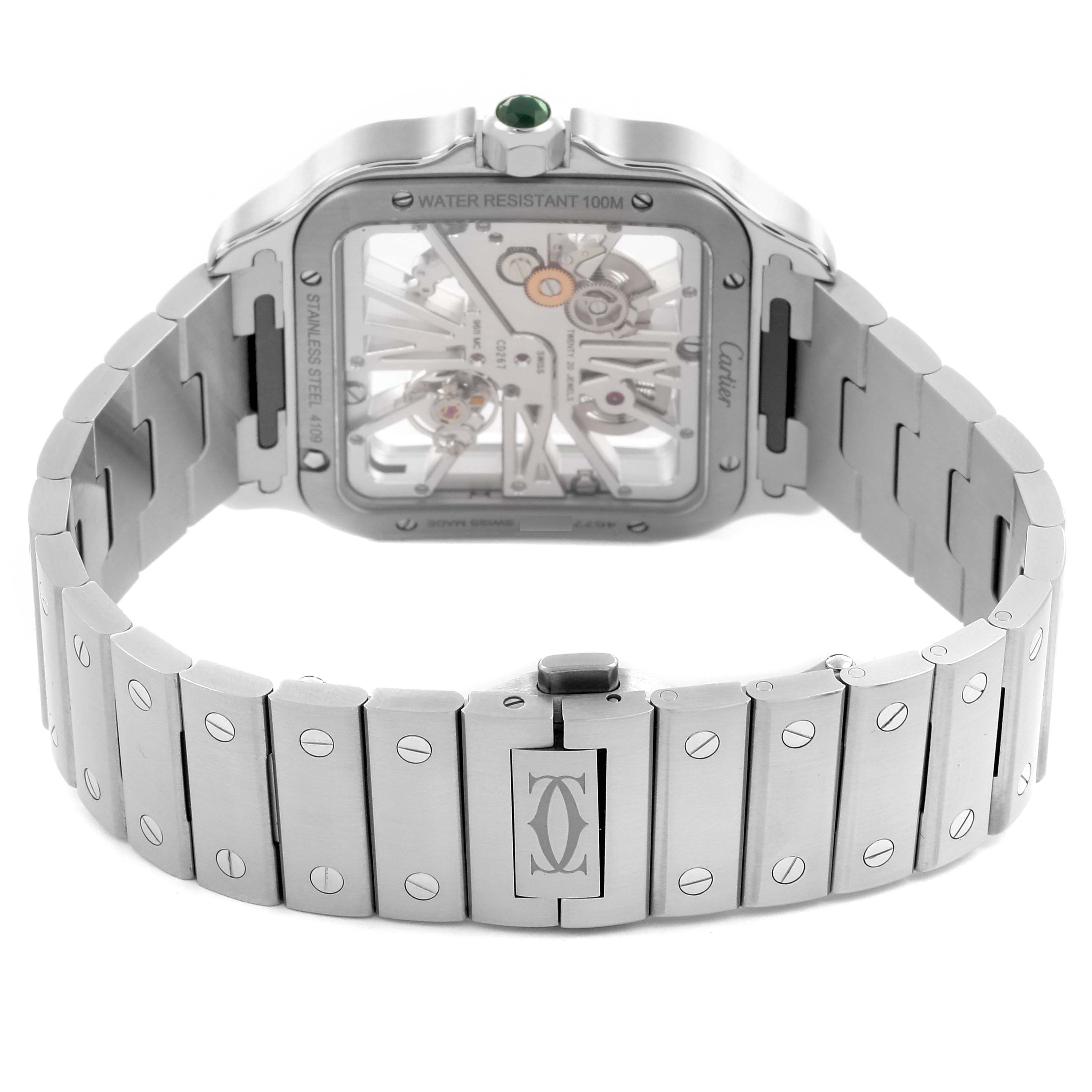 The image shows the back of the Cartier Santos WHSA0028 Men's Stainless Steel Transparent Dial WHSA0028 Men's Stainless Steel Transparent Dial watch, highlighting its skeleton case and metal bracelet.