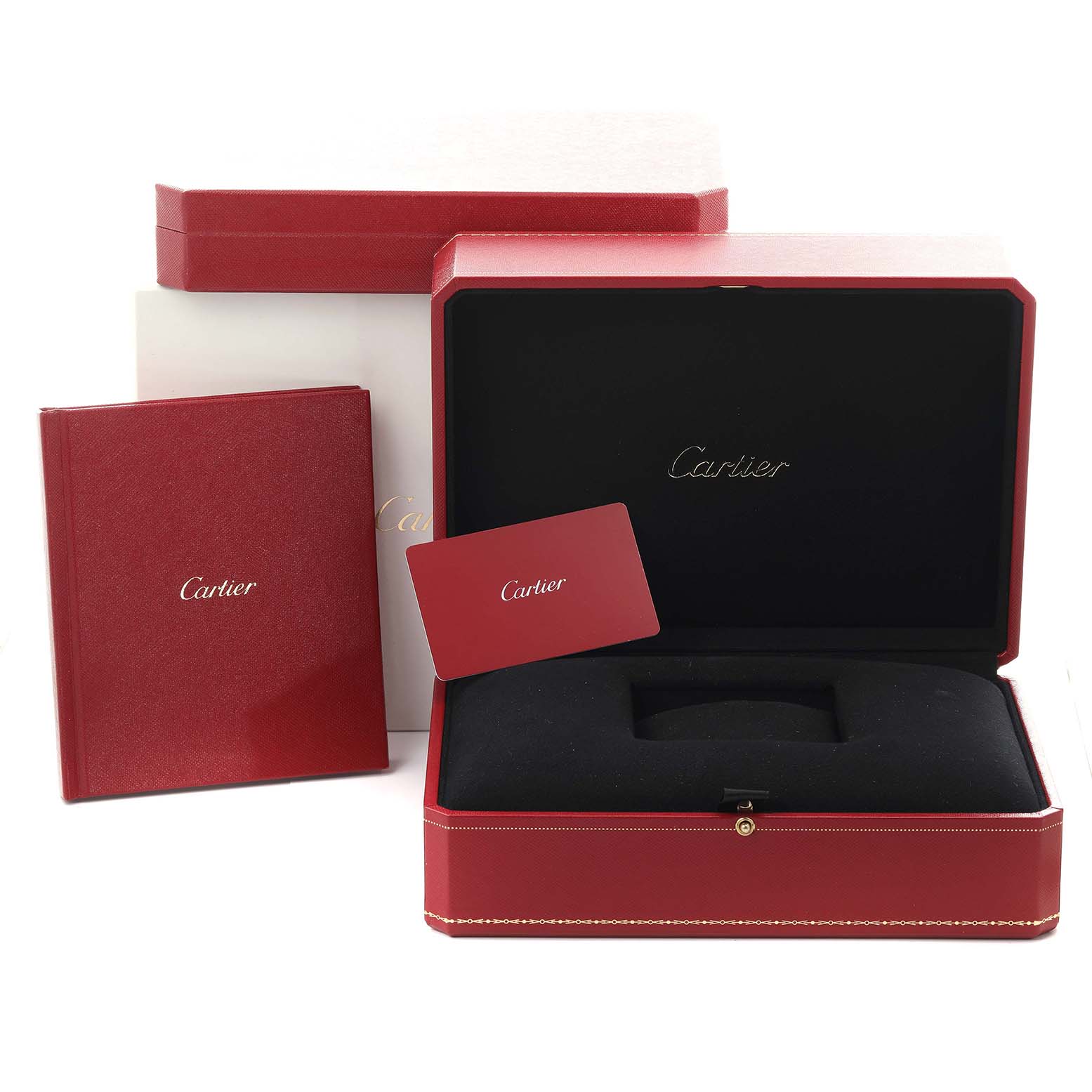 The image shows a Cartier Santos WHSA0028 Men's Stainless Steel Transparent Dial WHSA0028 Men's Stainless Steel Transparent Dial watch box, a booklet, and a card, all in red with the Cartier logo.