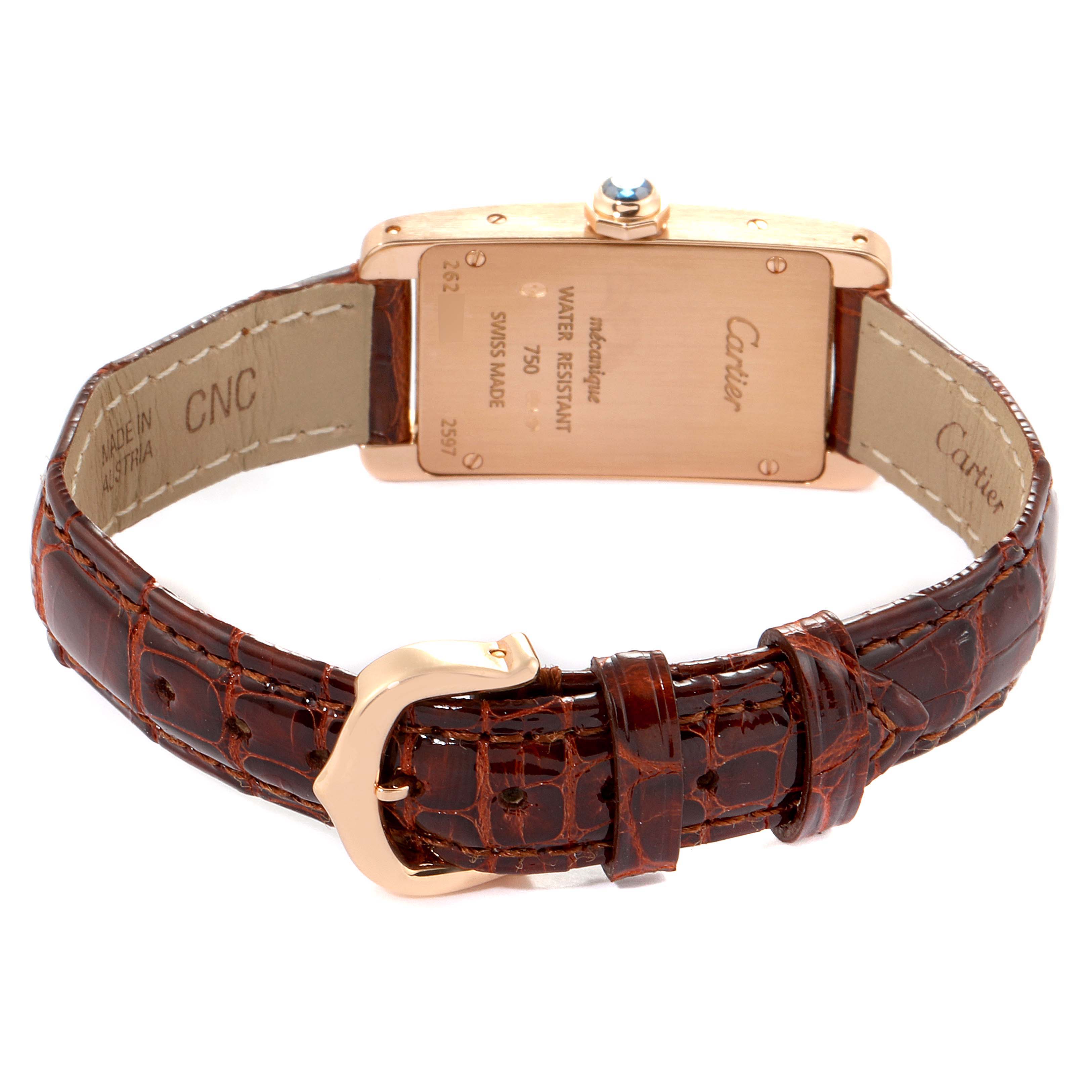 The image shows the back of a Cartier Tank Americaine 2597 Women's Rose Gold Pink Dial 2597 Women's Rose Gold Pink Dial watch, highlighting its case back, strap, and buckle.