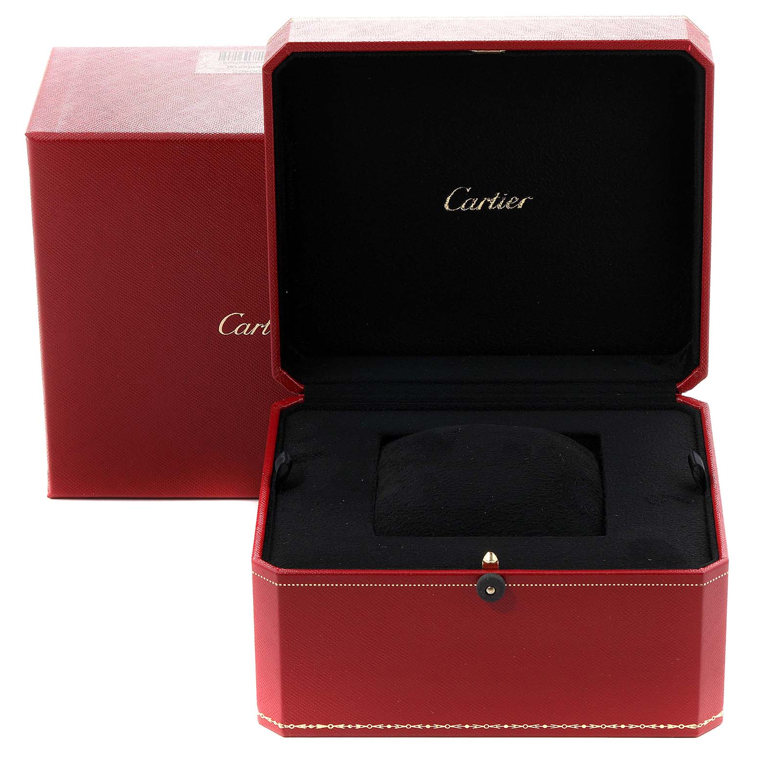 The image shows a Cartier Tank Americaine 2597 Women's Rose Gold Pink Dial 2597 Women's Rose Gold Pink Dial watch box and packaging, with the box open and the pillow for the watch visible.