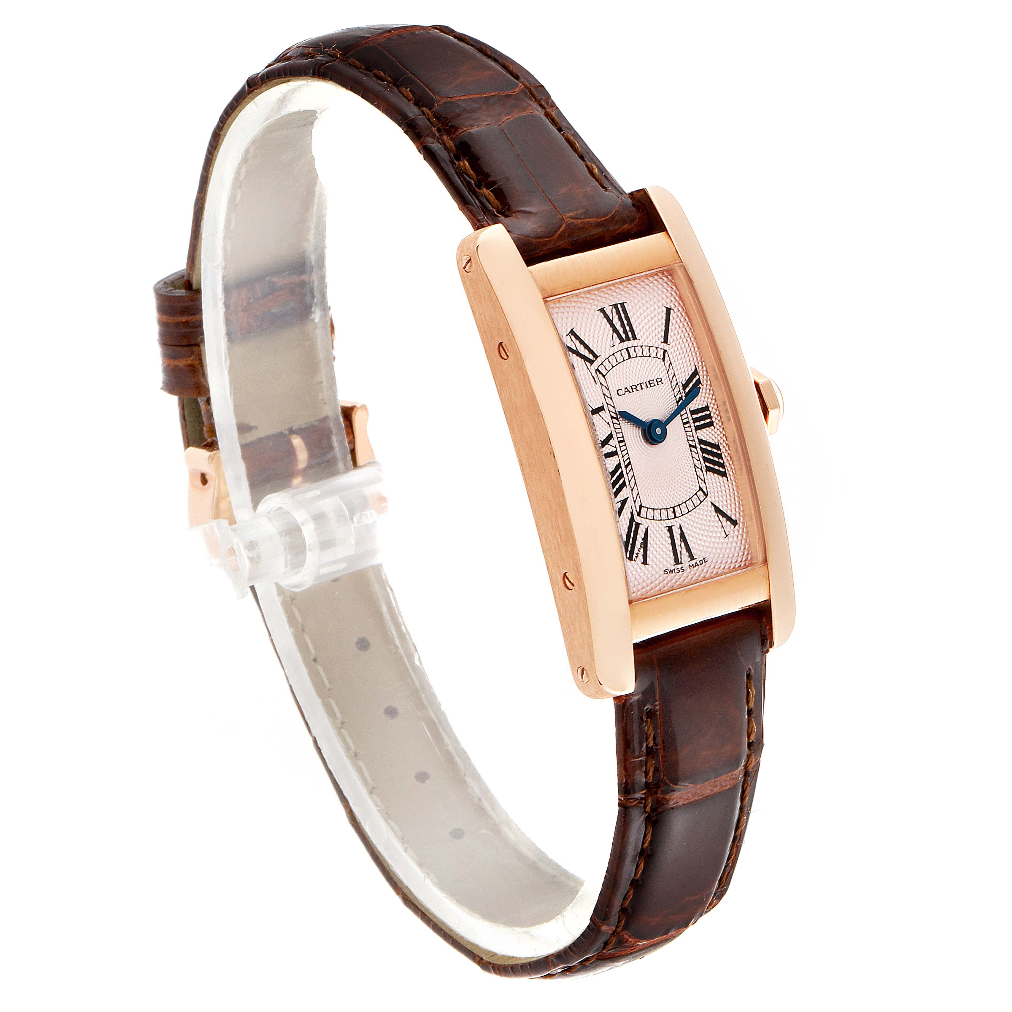 The Cartier Tank Americaine 2597 Women's Rose Gold Pink Dial 2597 Women's Rose Gold Pink Dial watch is shown at an angle displaying the face, strap, and case.