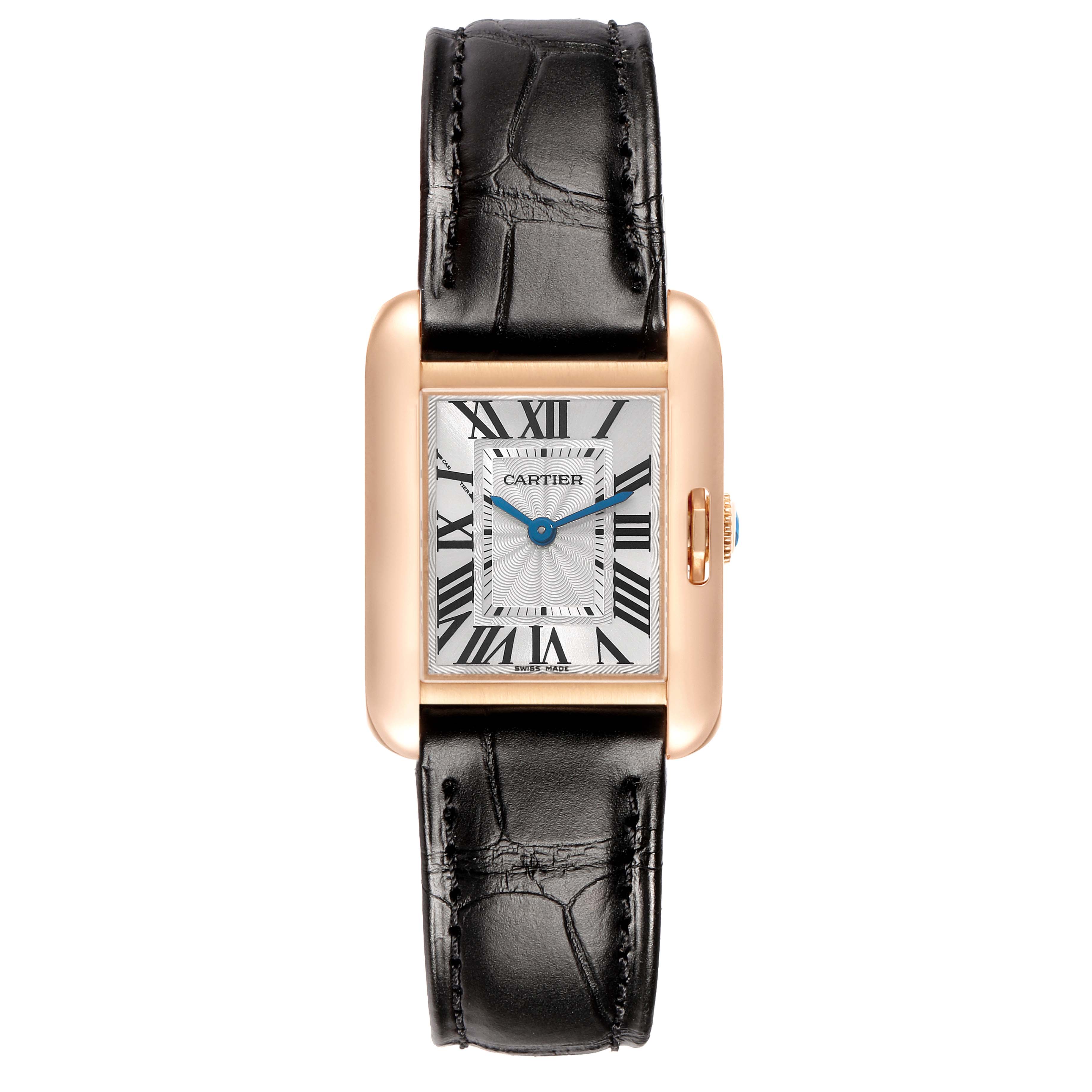 The Cartier Tank Anglaise W5310027 Women's Rose Gold Silver Dial watch is shown from the front, displaying its rectangular face, Roman numerals, and leather strap.