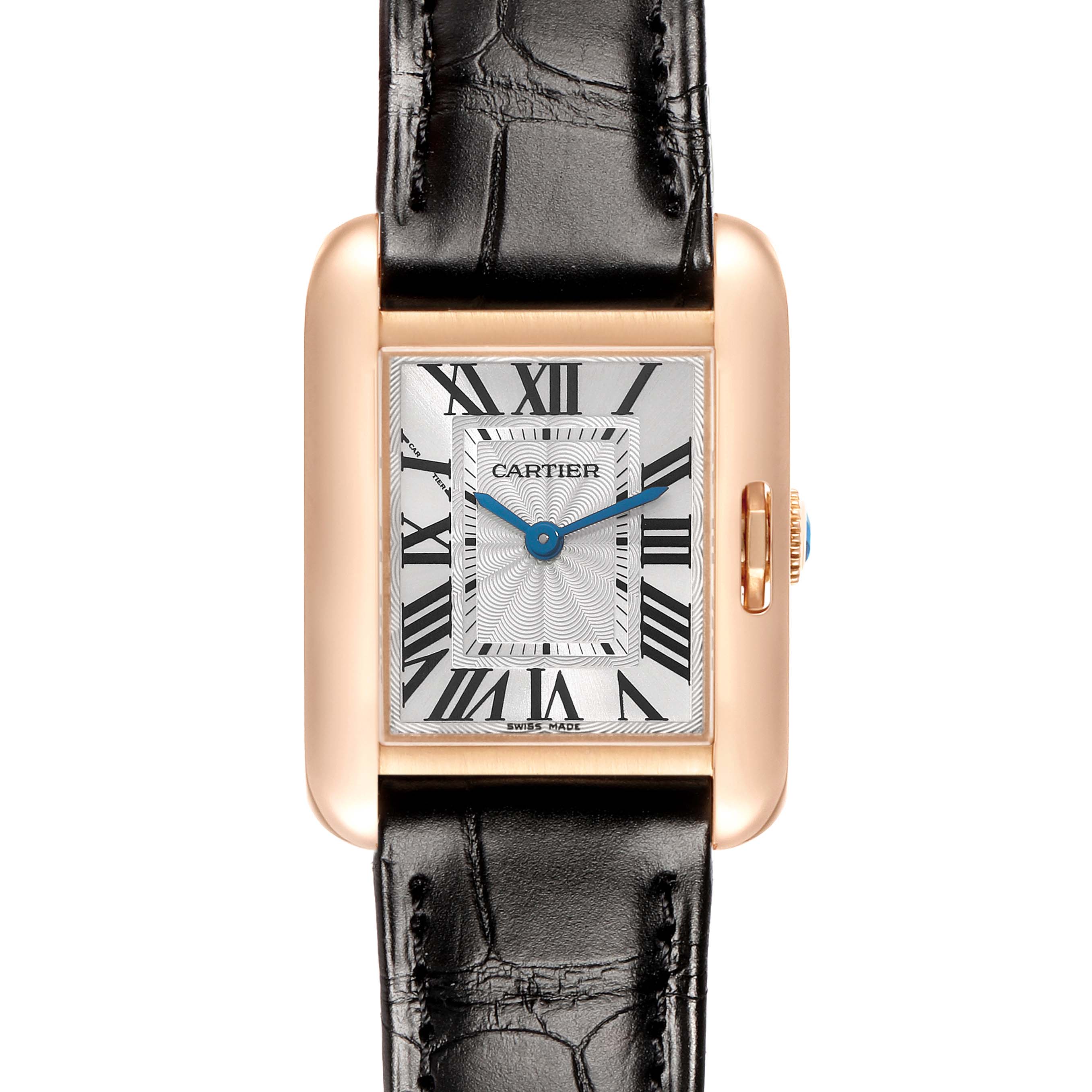 The Cartier Tank Anglaise W5310027 Women's Rose Gold Silver Dial watch is shown from a front angle, highlighting its face, Roman numerals, blue hands, and a leather strap.