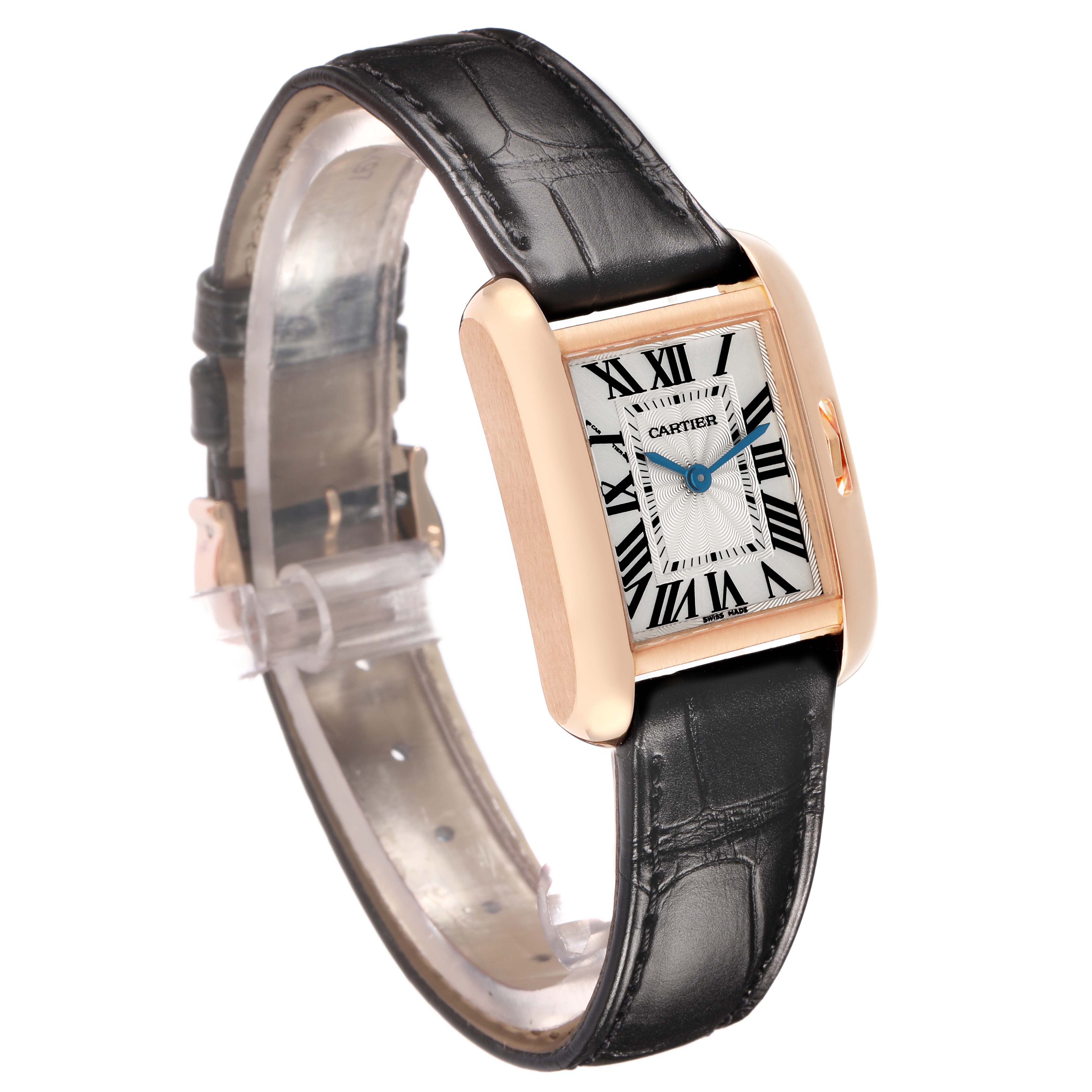 The Cartier Tank Anglaise W5310027 Women's Rose Gold Silver Dial watch is shown at a three-quarter angle, highlighting the face, case, crown, and leather strap.