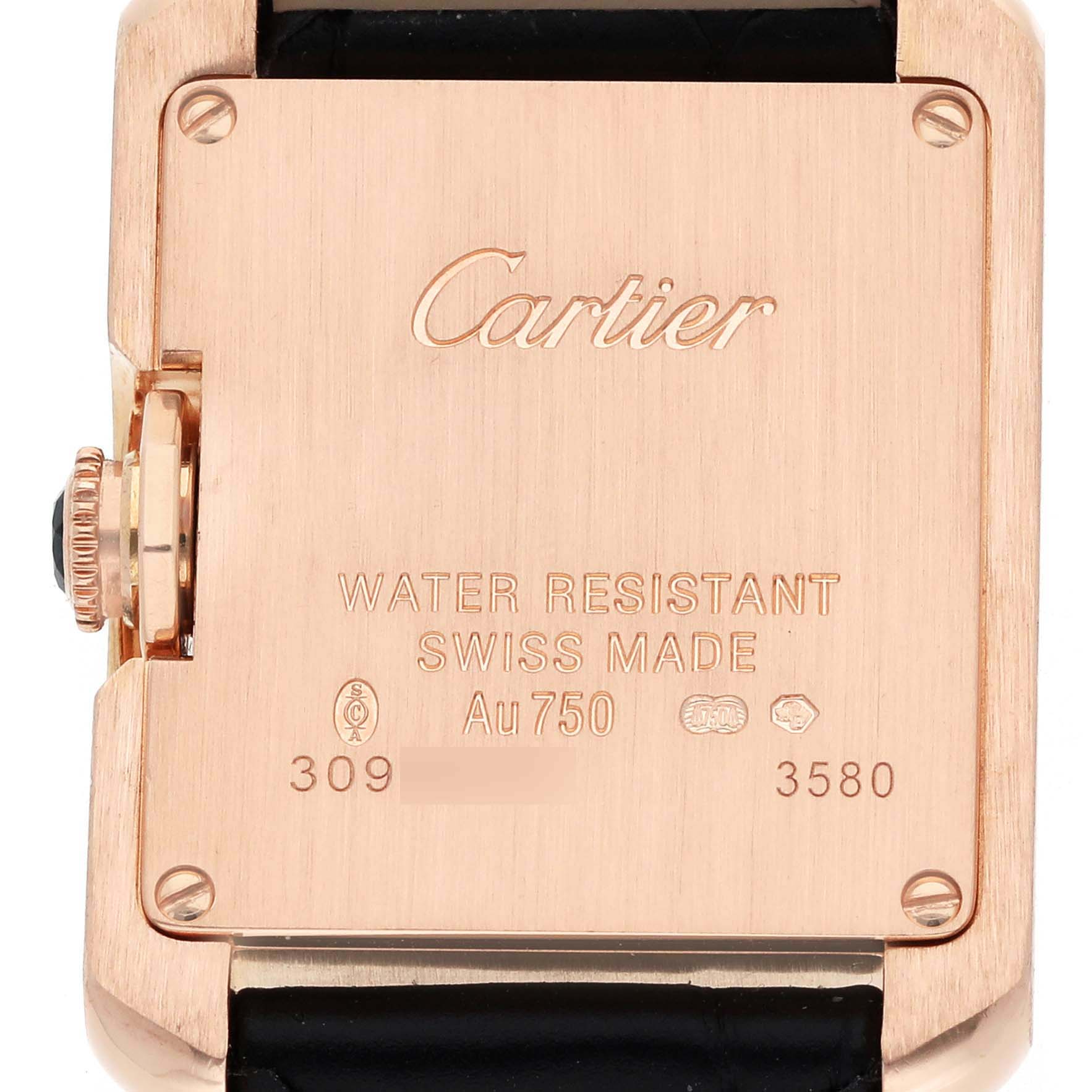 The image shows the back of the Cartier Tank Anglaise W5310027 Women's Rose Gold Silver Dial watch, detailing water resistance and material information.