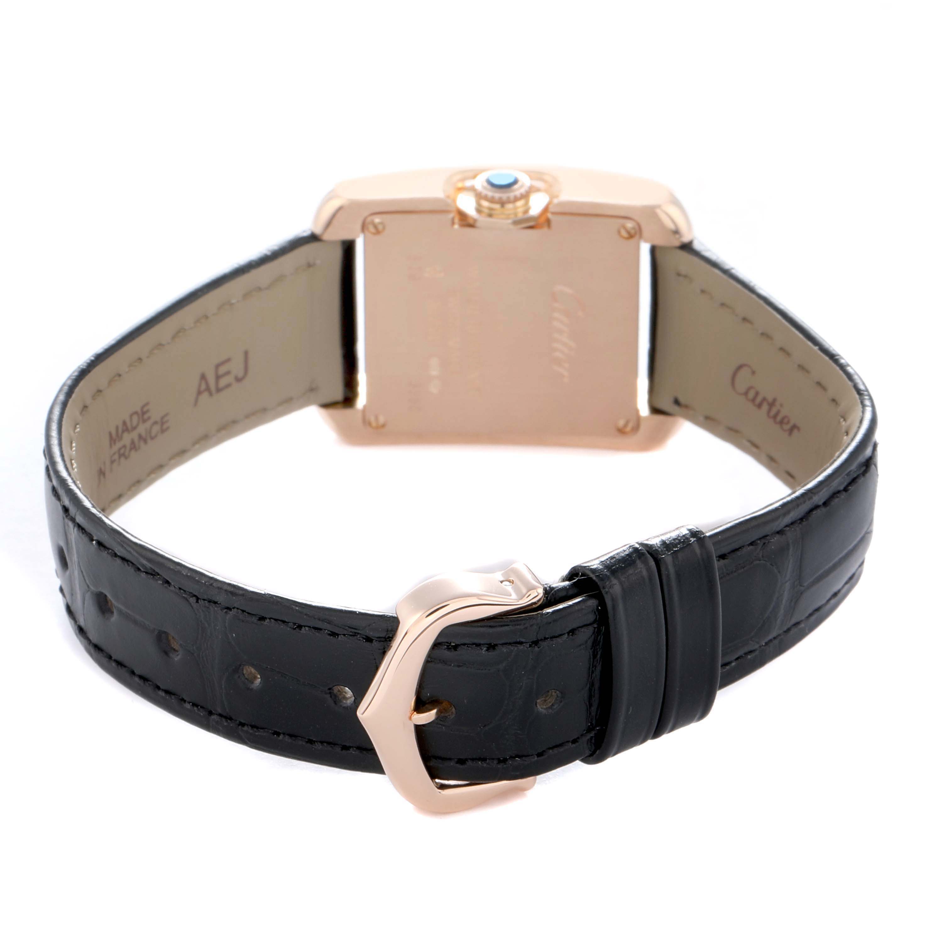 The image shows the back view of a Cartier Tank Anglaise W5310027 Women's Rose Gold Silver Dial watch, highlighting the strap, buckle, case back, and crown.