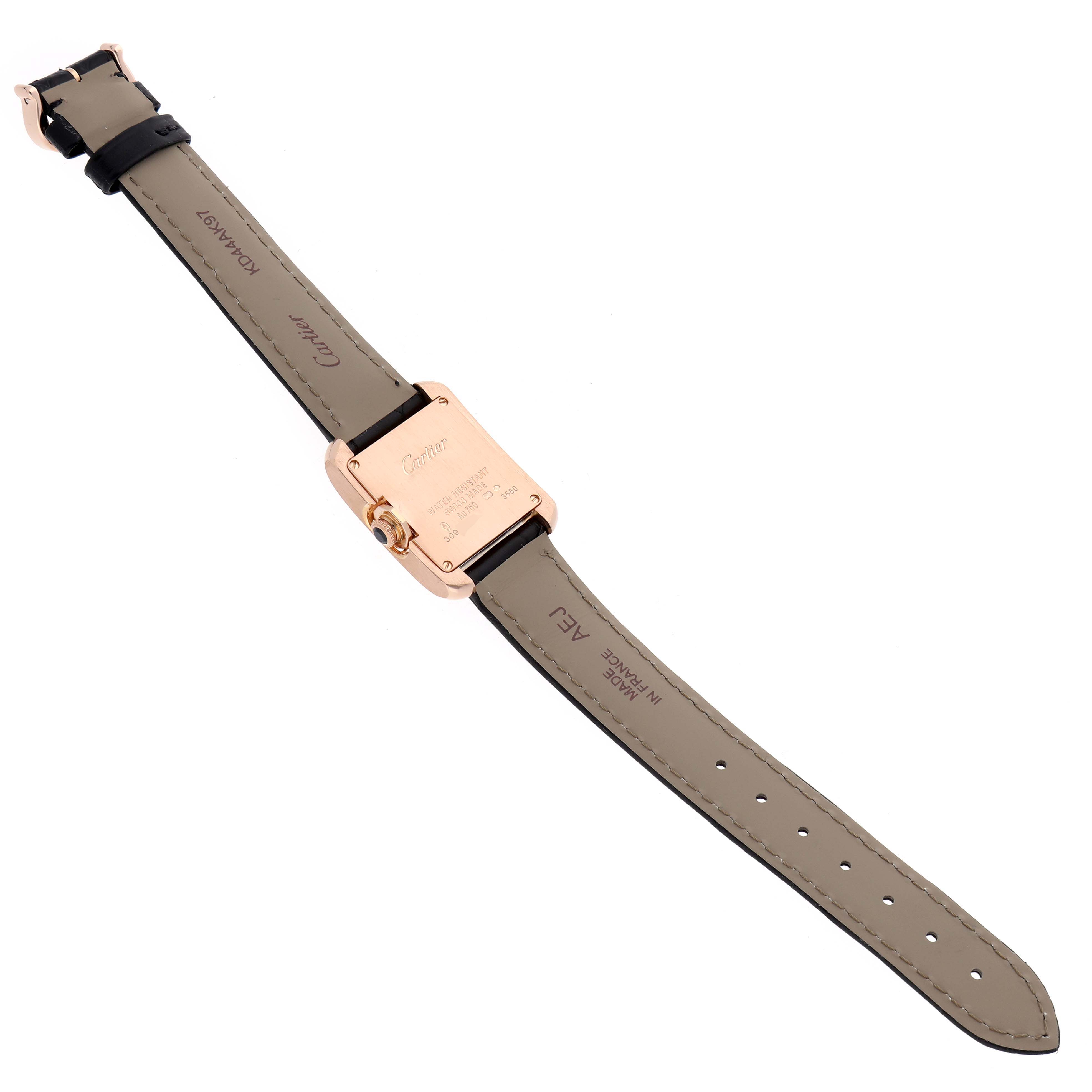 The Cartier Tank Anglaise W5310027 Women's Rose Gold Silver Dial watch is shown from the back, displaying the case back and leather strap.