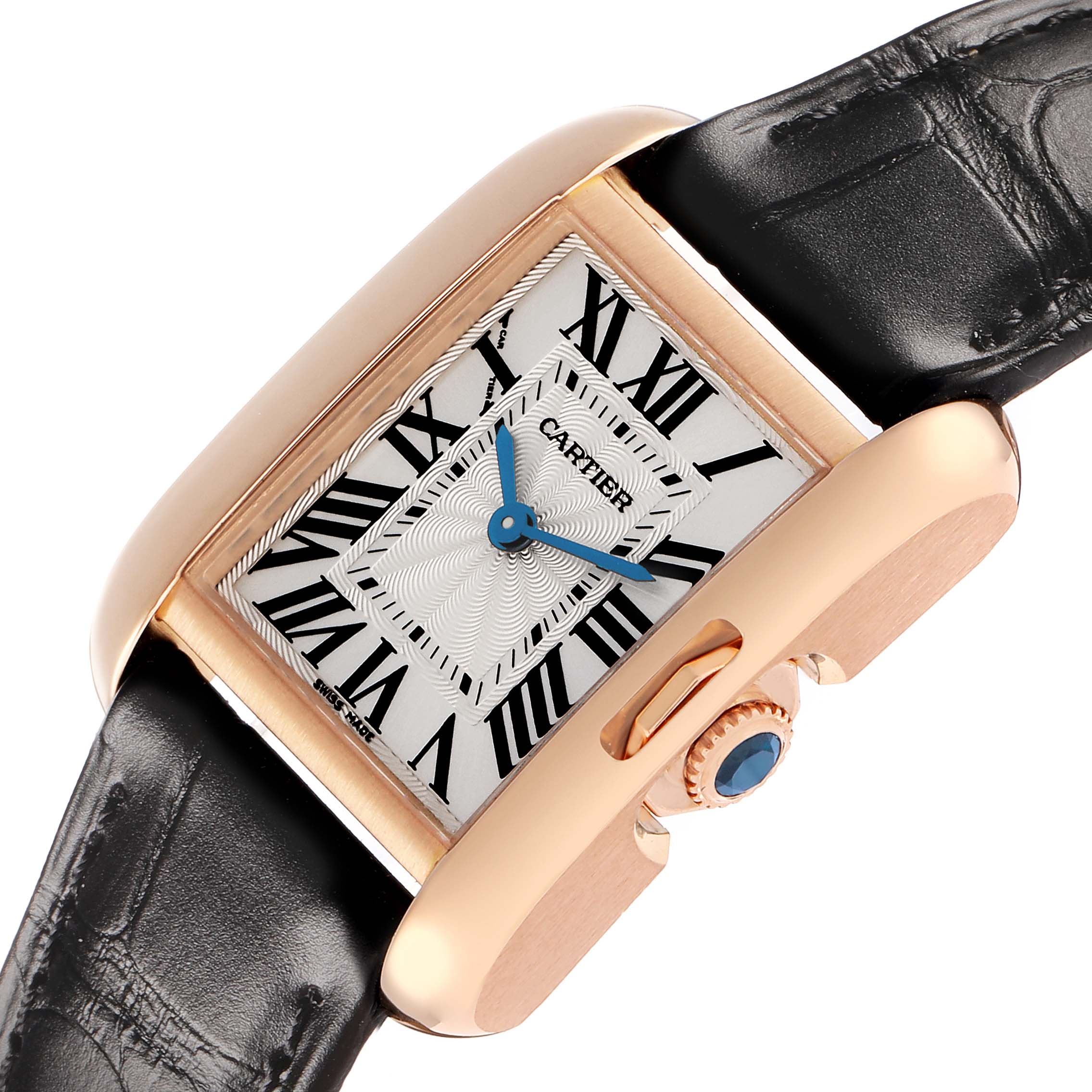 The Cartier Tank Anglaise W5310027 Women's Rose Gold Silver Dial watch is shown at an angle highlighting the dial, crown, and strap, with prominent Roman numerals and blue hands.