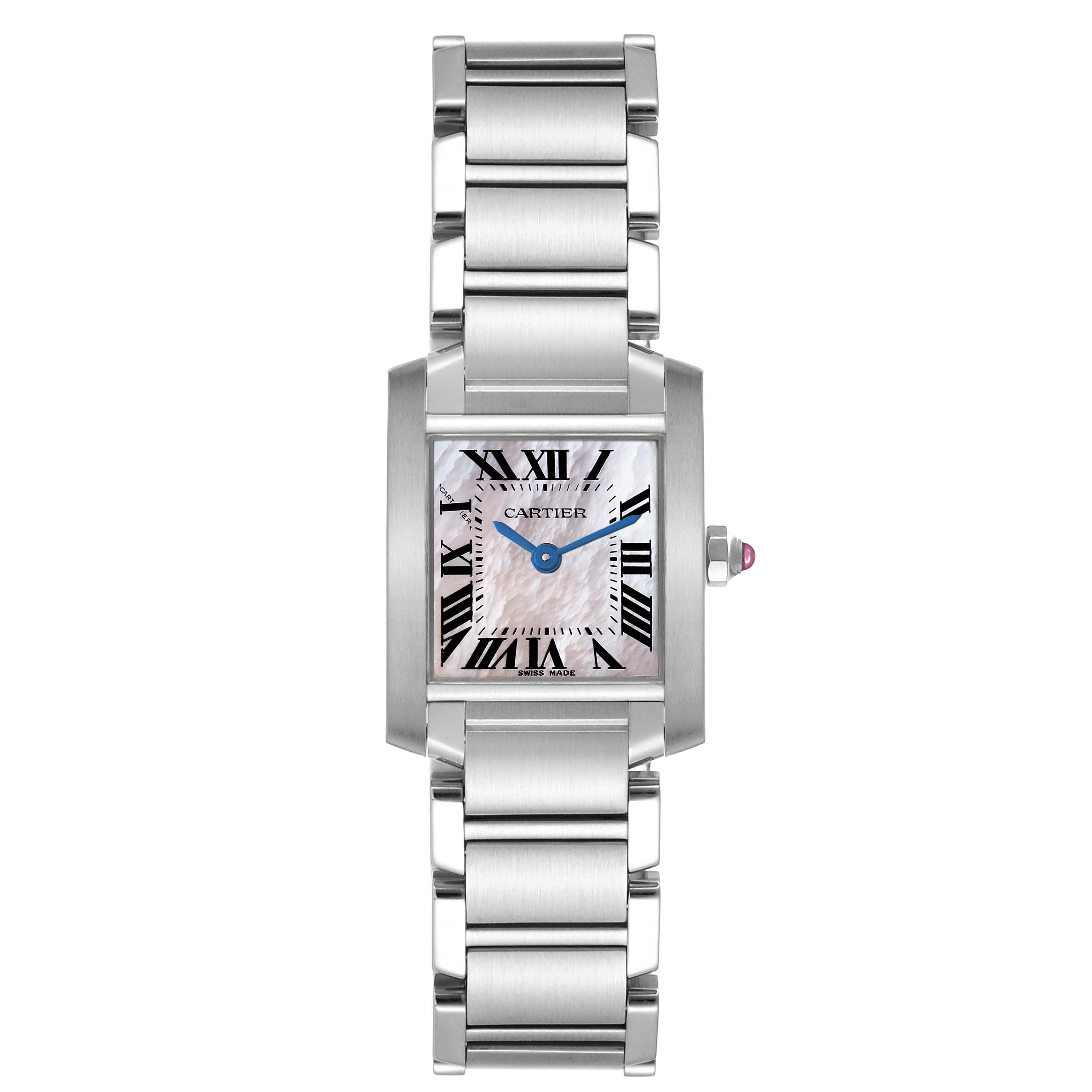 The Cartier Tank Francaise W51028Q3 Women's Stainless Steel Mother of Pearl Dial W51028Q3 Women's Stainless Steel Mother of Pearl Dial watch is shown from a top view, displaying its face and metal bracelet.