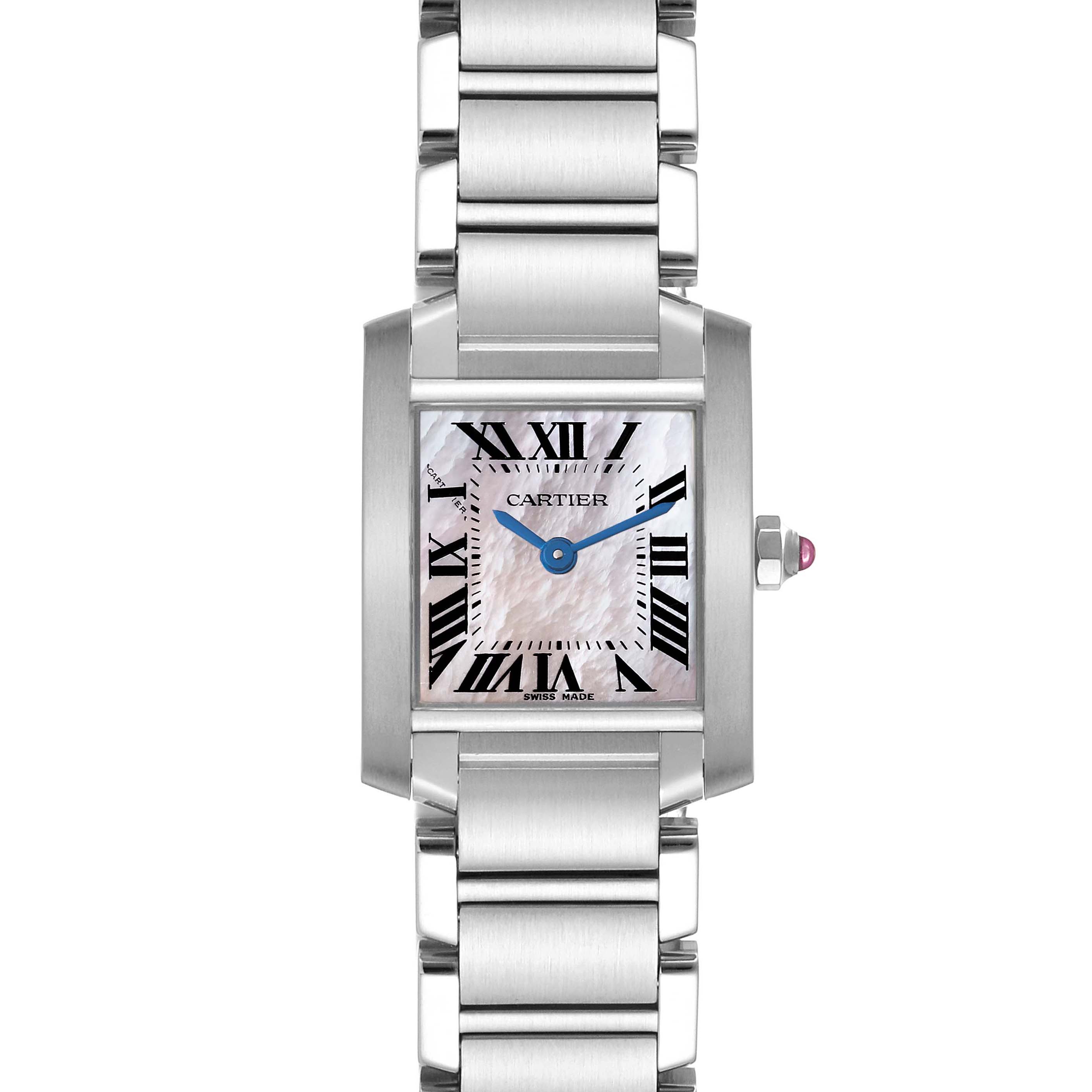 The Cartier Tank Française watch is shown from the front, featuring its face, bracelet, and distinctive crown with a blue gemstone.