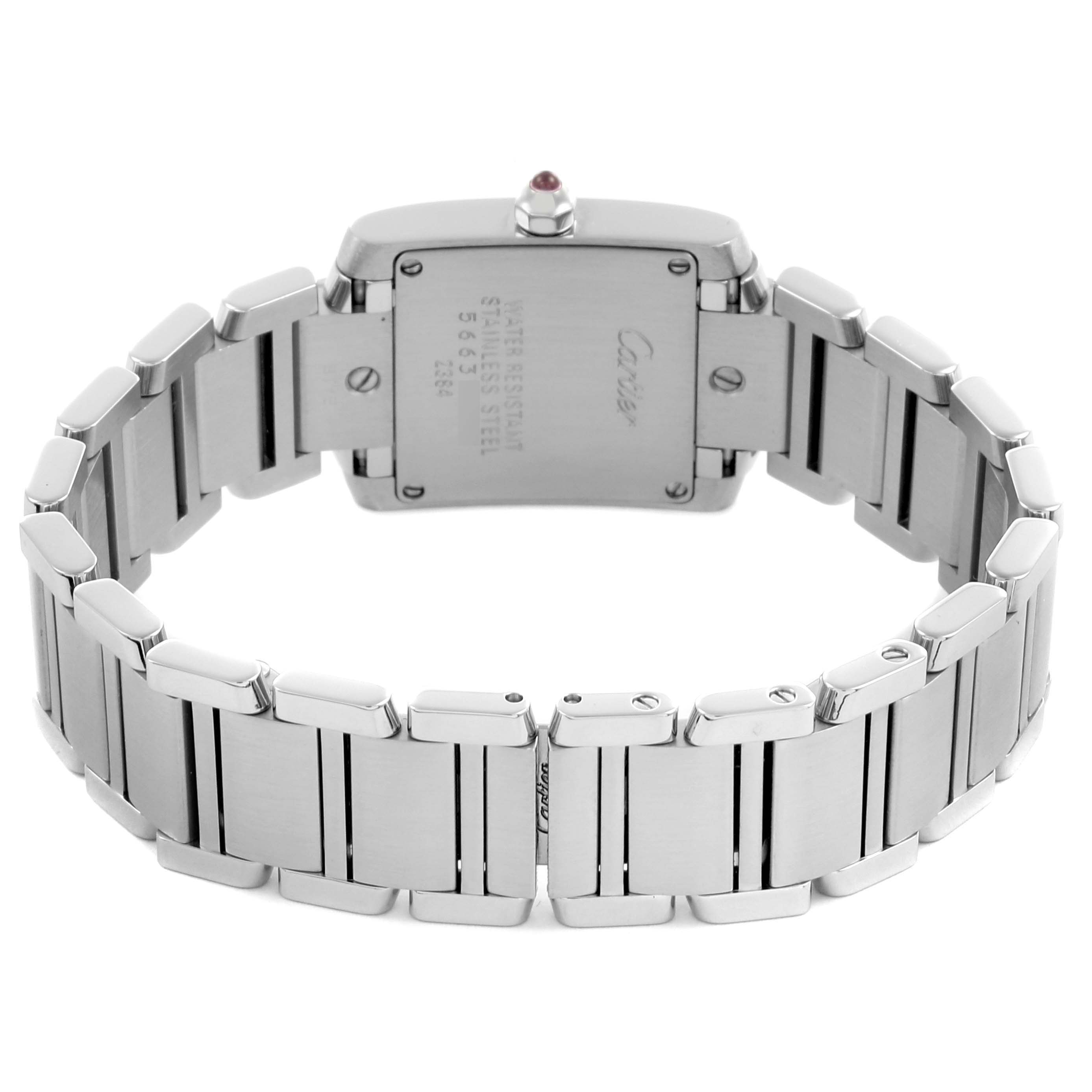 The Cartier Tank Francaise W51028Q3 Women's Stainless Steel Mother of Pearl Dial W51028Q3 Women's Stainless Steel Mother of Pearl Dial watch is shown from the back, highlighting its stainless steel bracelet and case back details.