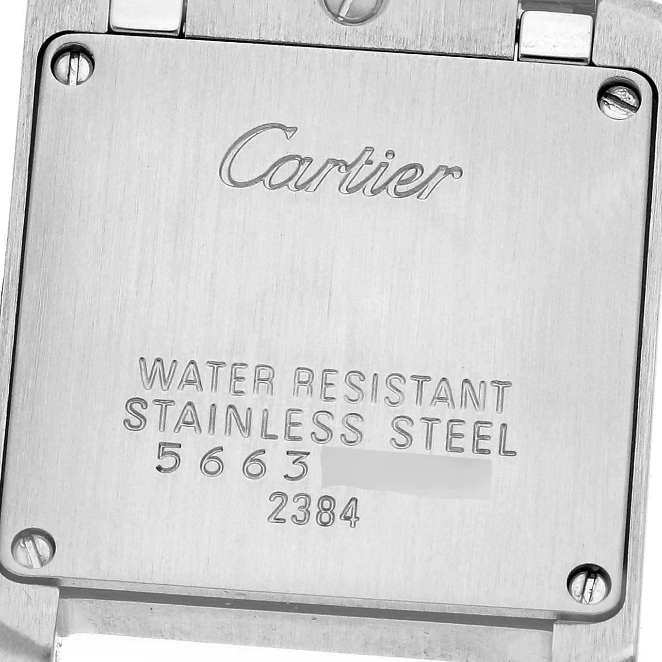 This image shows the back case of the Cartier Tank Française watch, highlighting the brand and water resistance details.