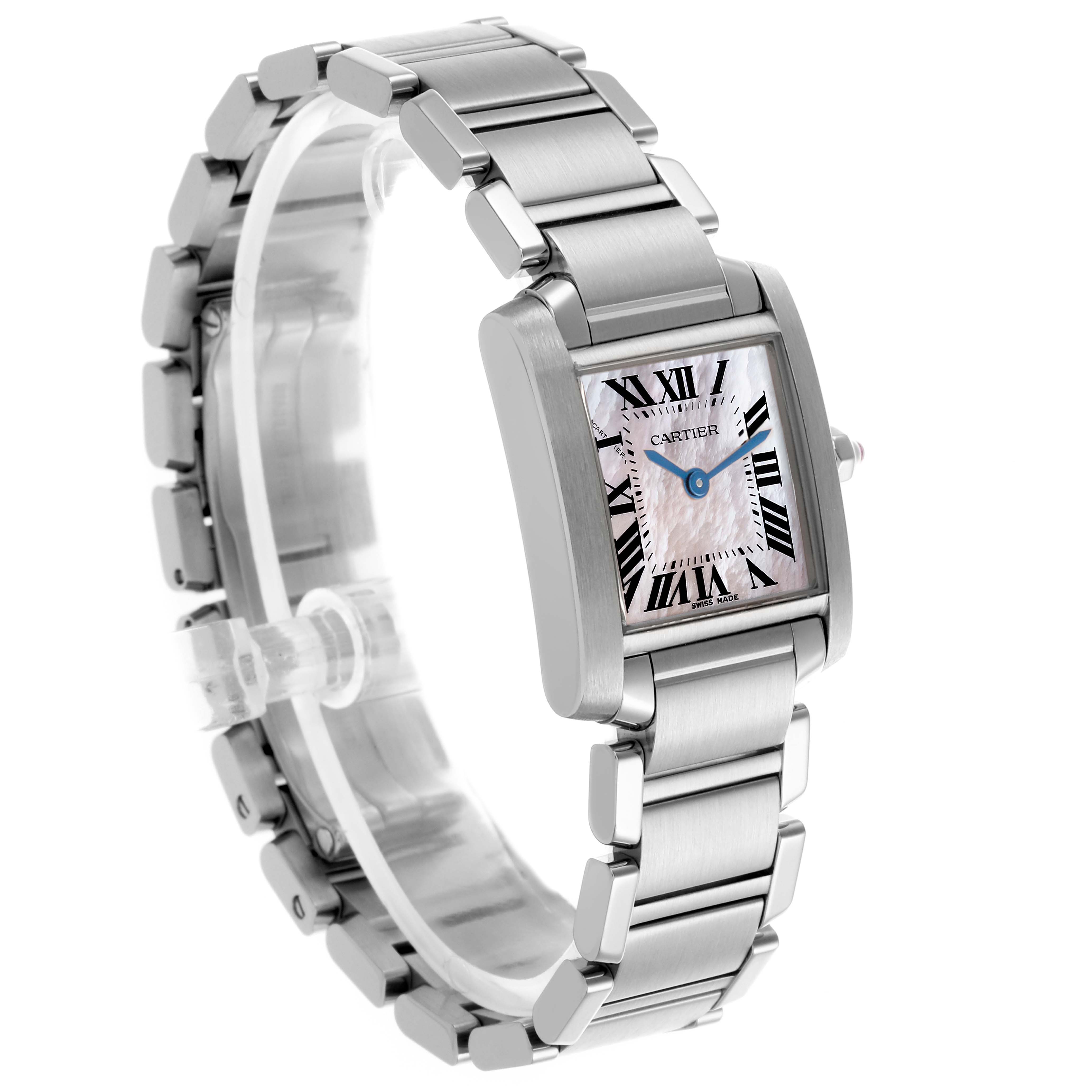 The Cartier Tank Française watch is shown at an angle displaying the face, side, and bracelet.