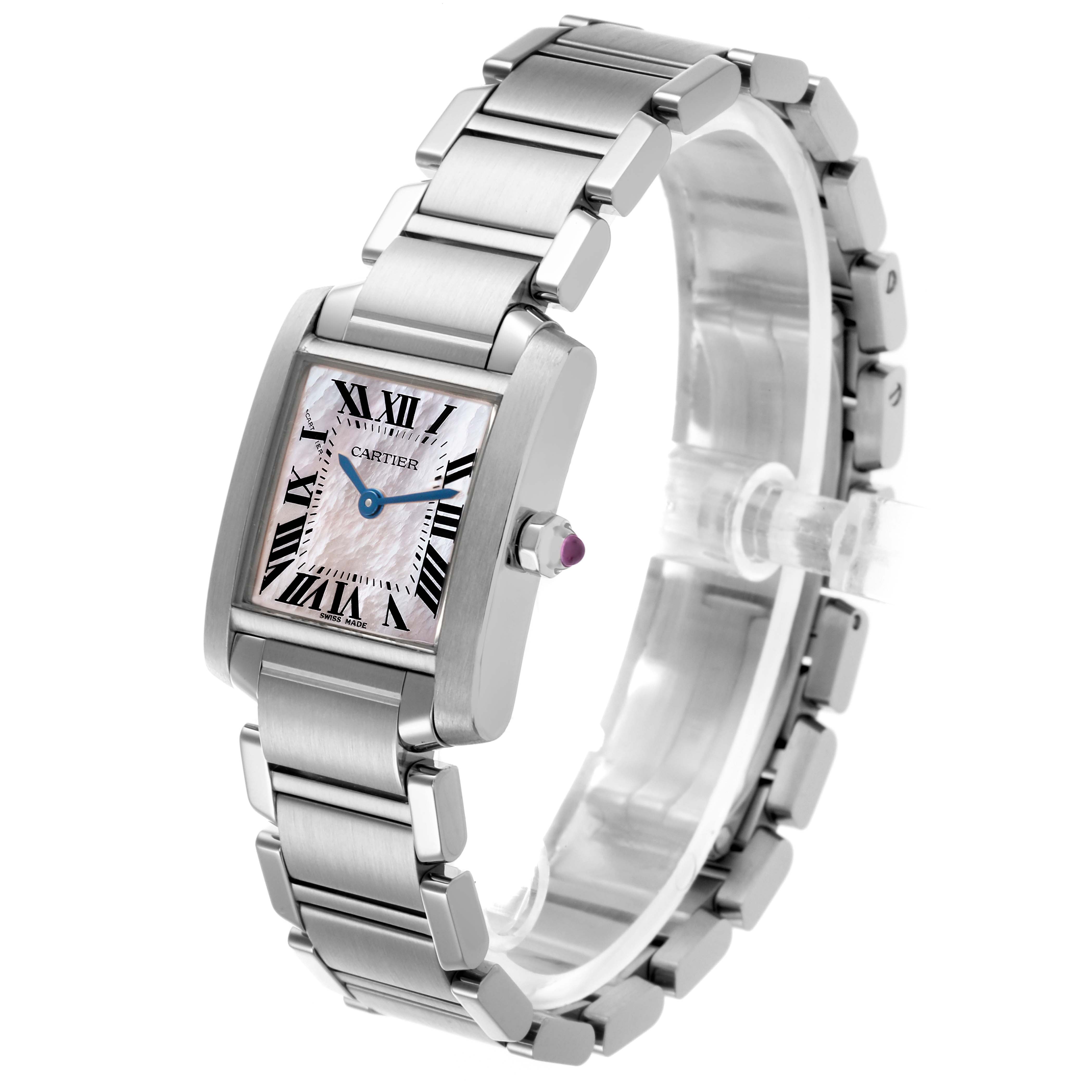 The Cartier Tank Francaise W51028Q3 Women's Stainless Steel Mother of Pearl Dial W51028Q3 Women's Stainless Steel Mother of Pearl Dial watch is shown at a slight angled view, highlighting the face, bezel, bracelet, and crown.