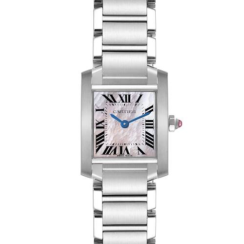 The Cartier Tank Française watch is shown from the front, displaying the face, bezel, bracelet, and crown with a blue gem.