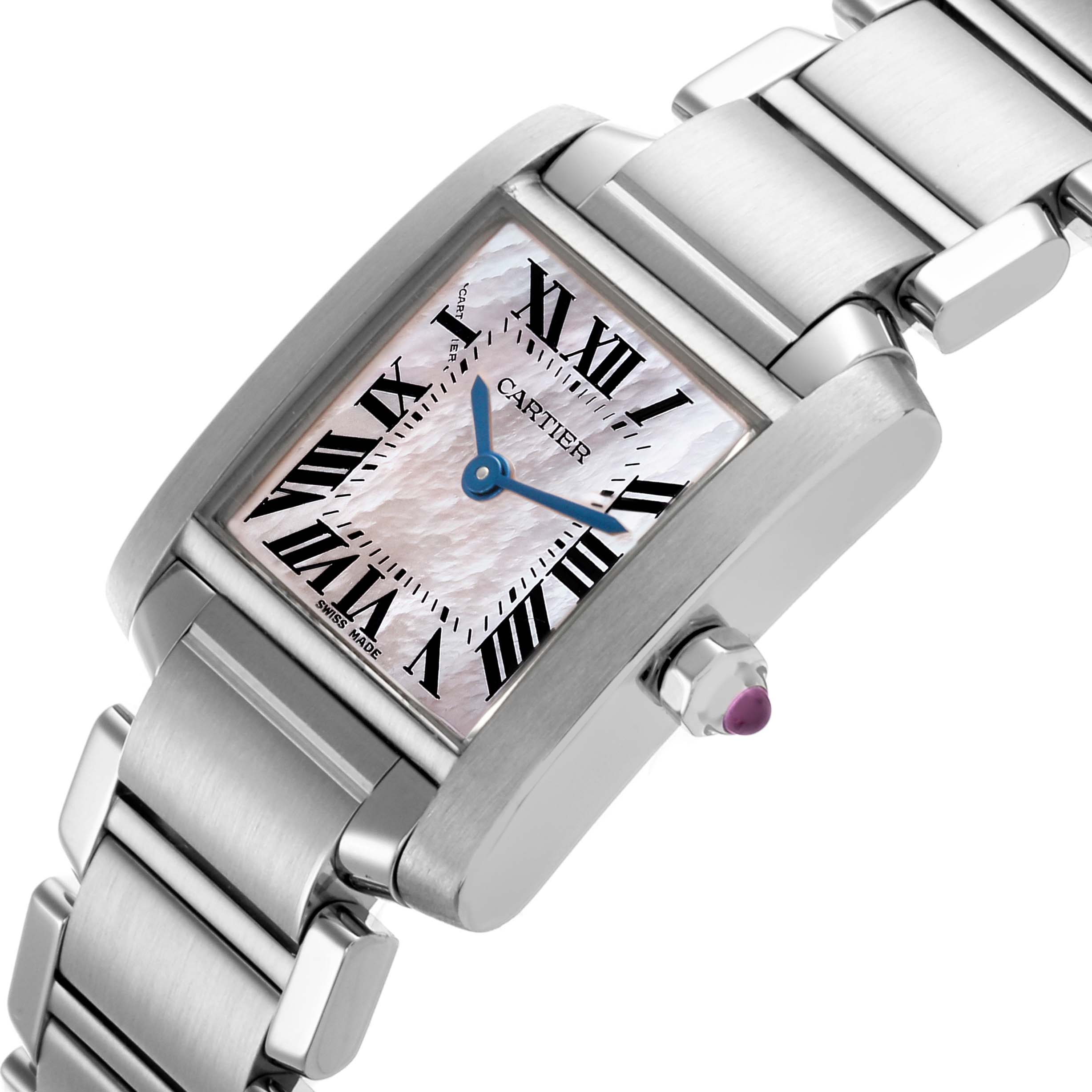 The Cartier Tank Française watch is shown at an angled view, displaying its rectangular face and metal bracelet.