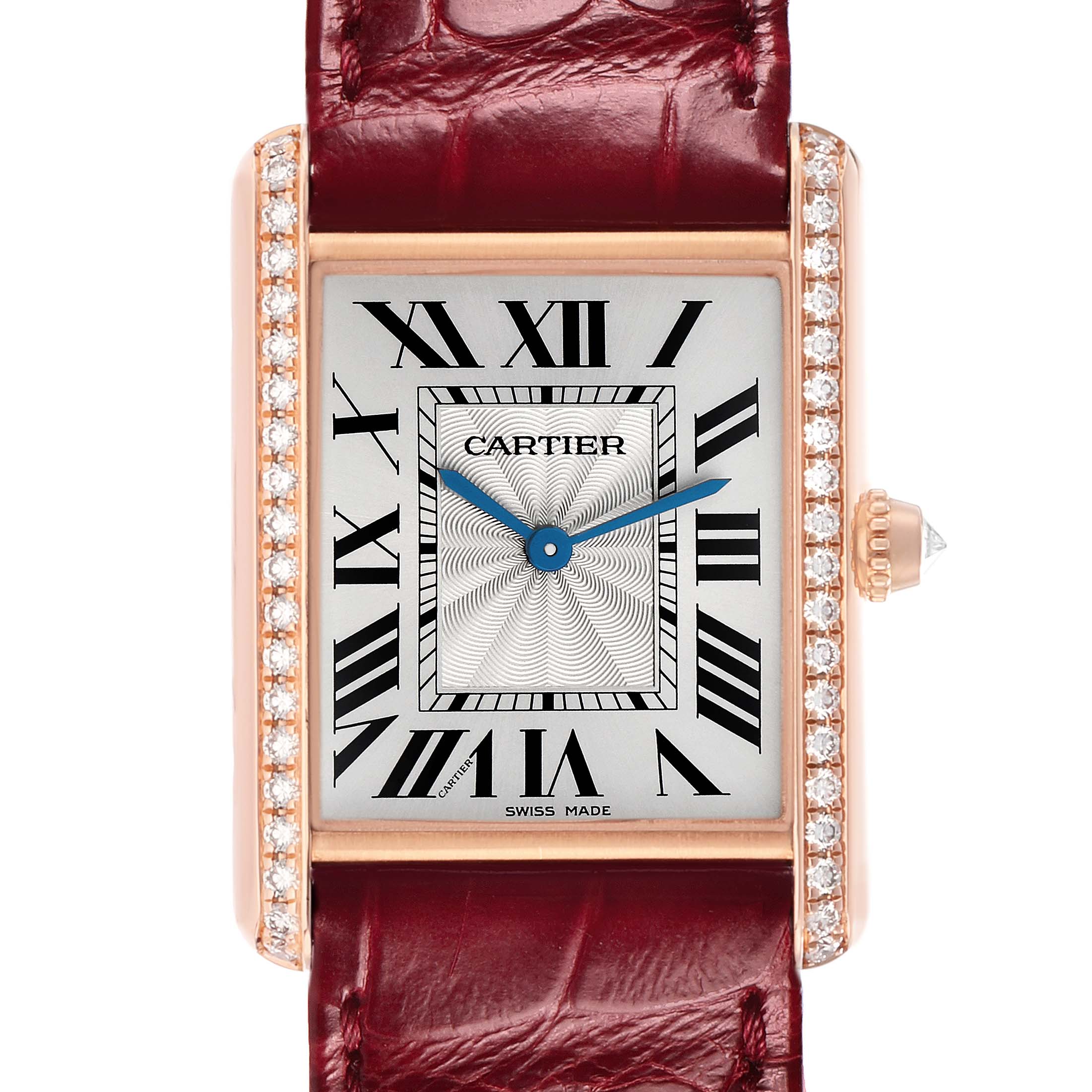 The Cartier Tank Louis WJTA0014 Women's Rose Gold Silver Dial watch is shown from a top view, highlighting its diamond-set bezel, dial, and leather strap.