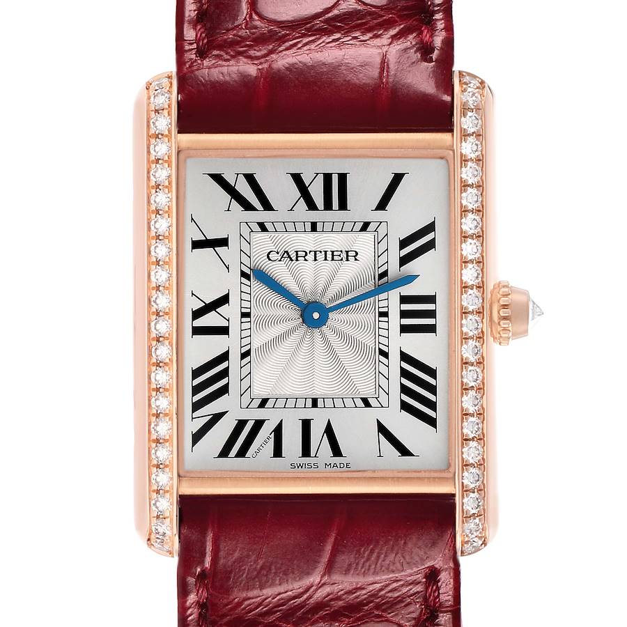 The Cartier Tank Louis WJTA0014 Women's Rose Gold Silver Dial watch is shown from a top view, highlighting its diamond-set bezel, dial, and leather strap.