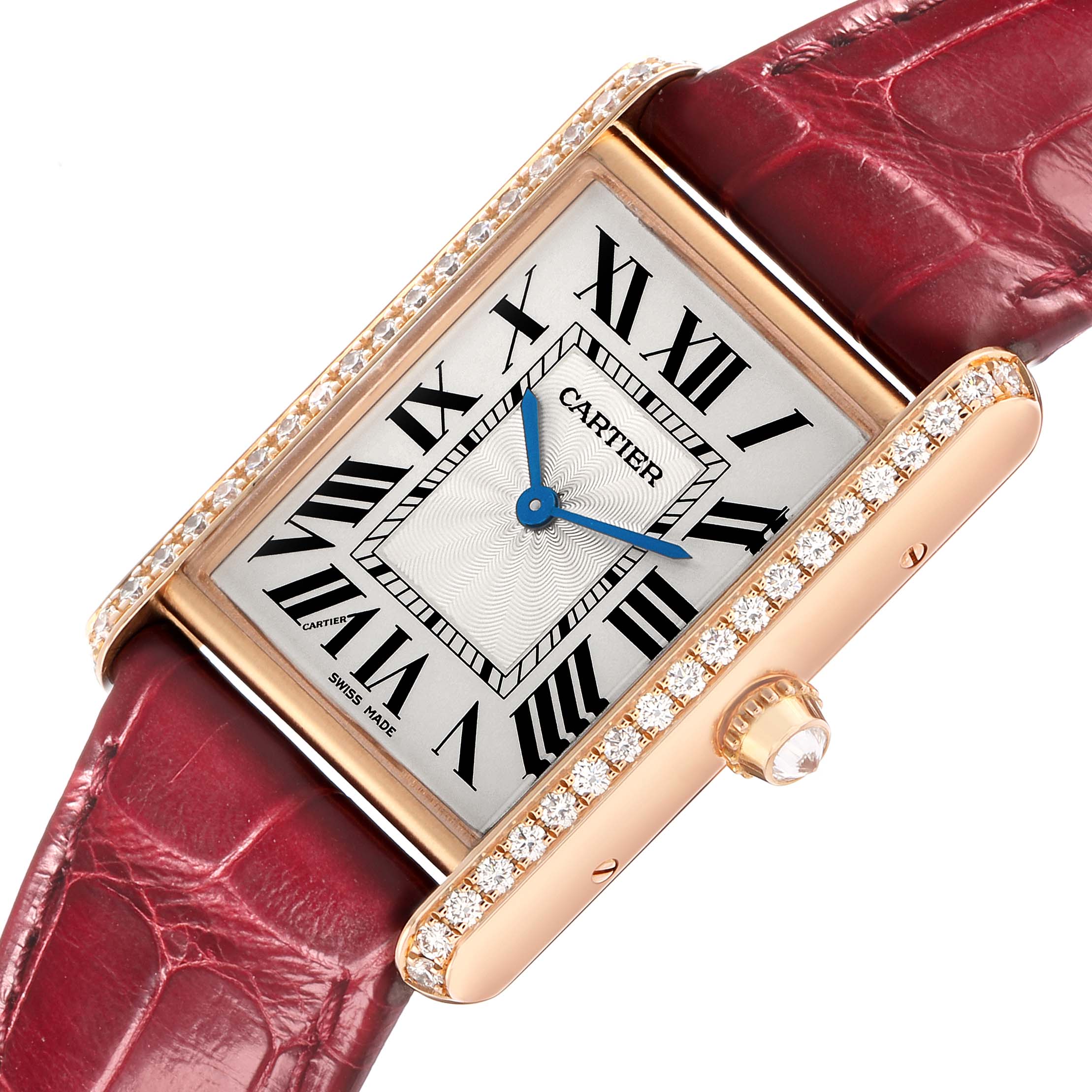 The Cartier Tank Louis WJTA0014 Women's Rose Gold Silver Dial watch is shown from an angled top view, highlighting its face, diamond-studded bezel, and red leather strap.