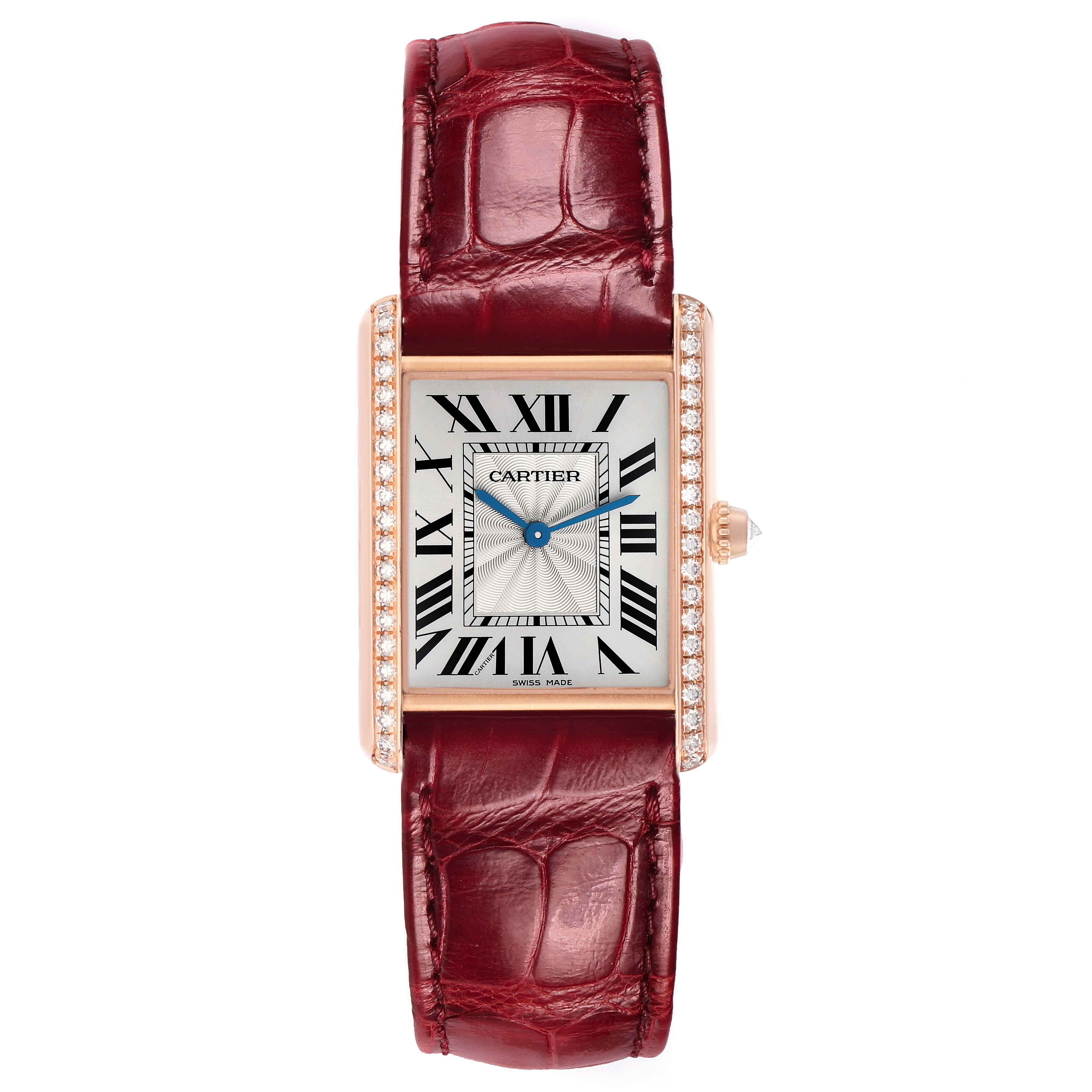 The Cartier Tank Louis WJTA0014 Women's Rose Gold Silver Dial watch is shown from a front view, displaying the face, case, crown, and strap.
