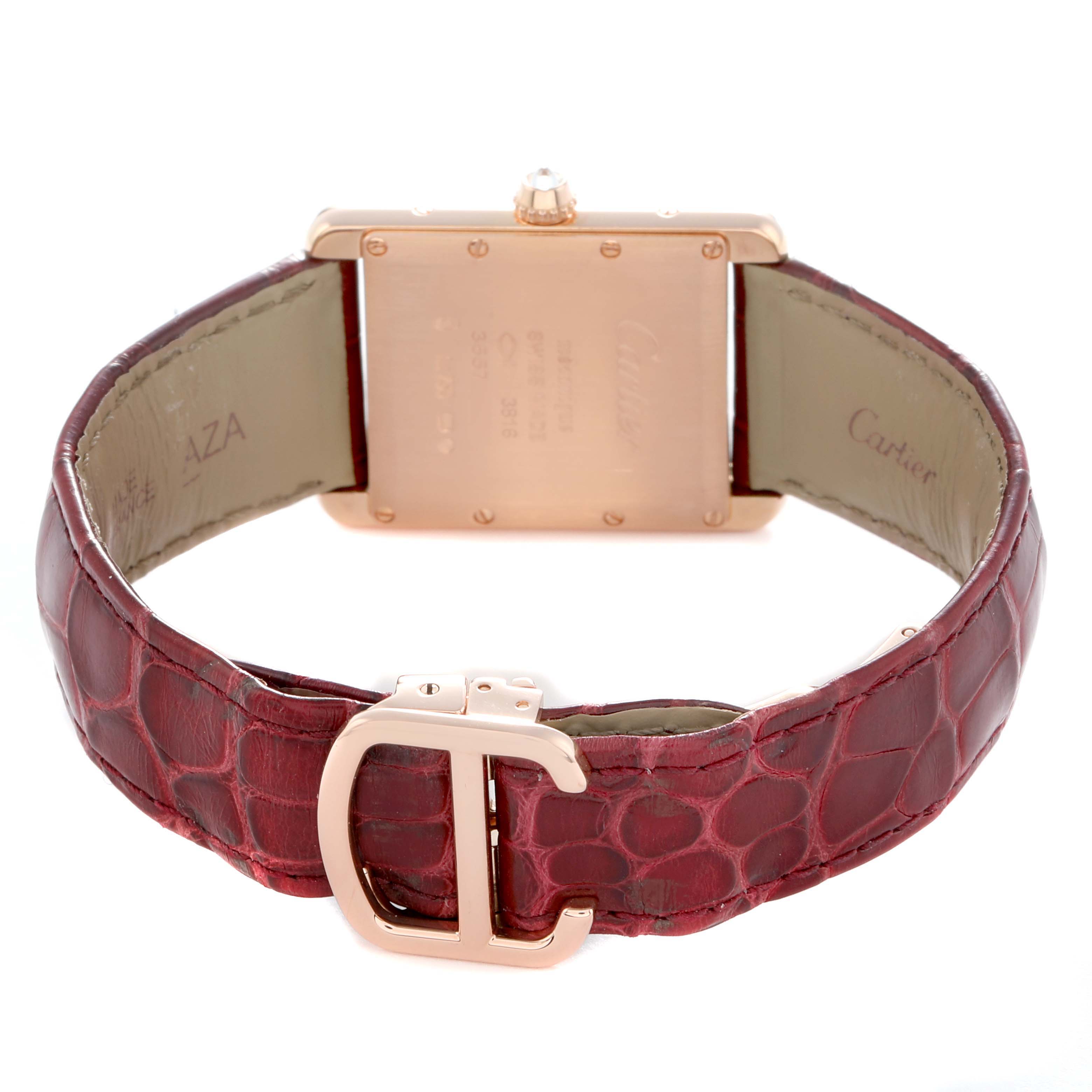 The image shows the back of a Cartier Tank Louis WJTA0014 Women's Rose Gold Silver Dial watch, highlighting its red leather strap and gold clasp.
