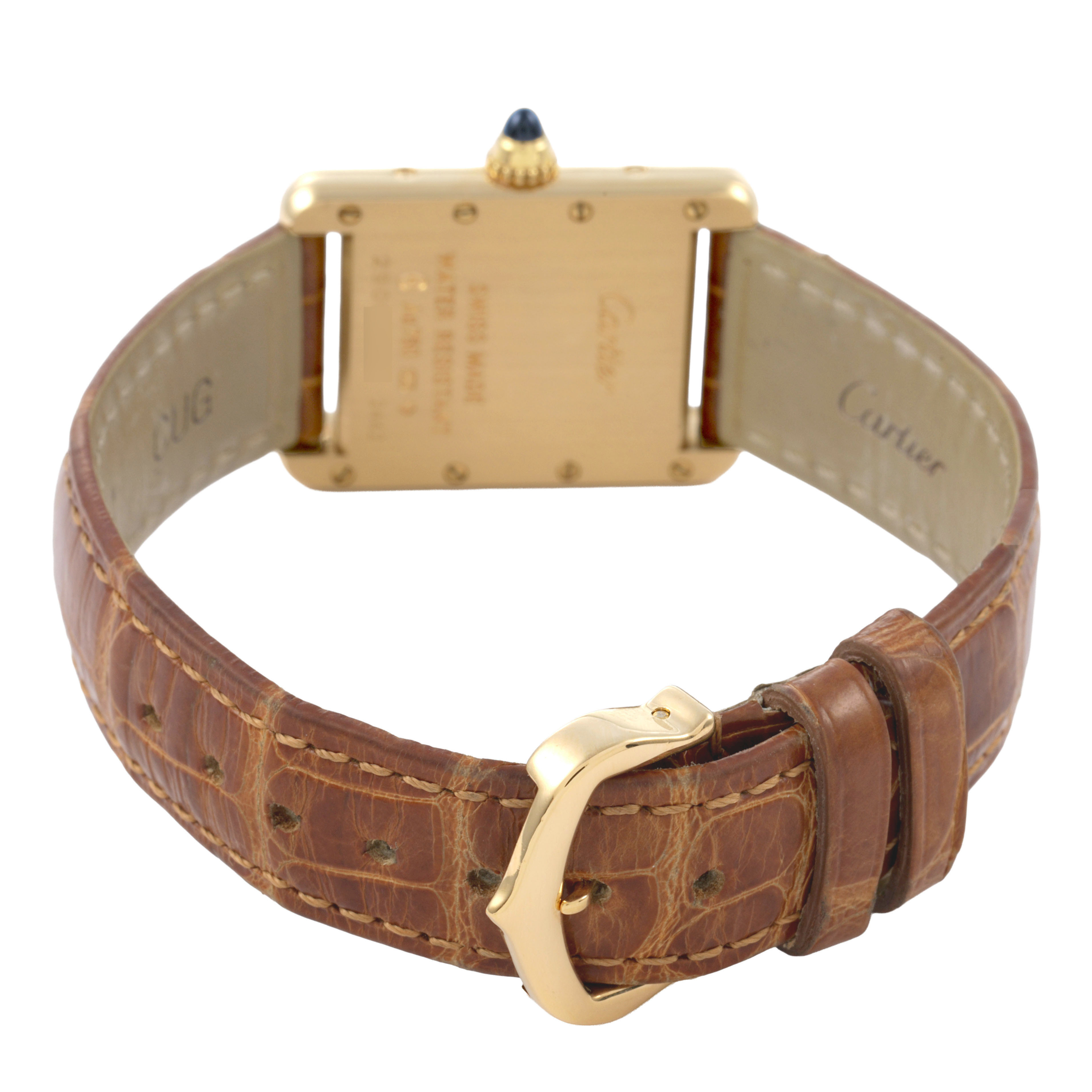 The image shows the back of a Cartier Tank Louis W1529856 Women's Yellow Gold Silver Dial watch, highlighting the brown leather strap and gold buckle.