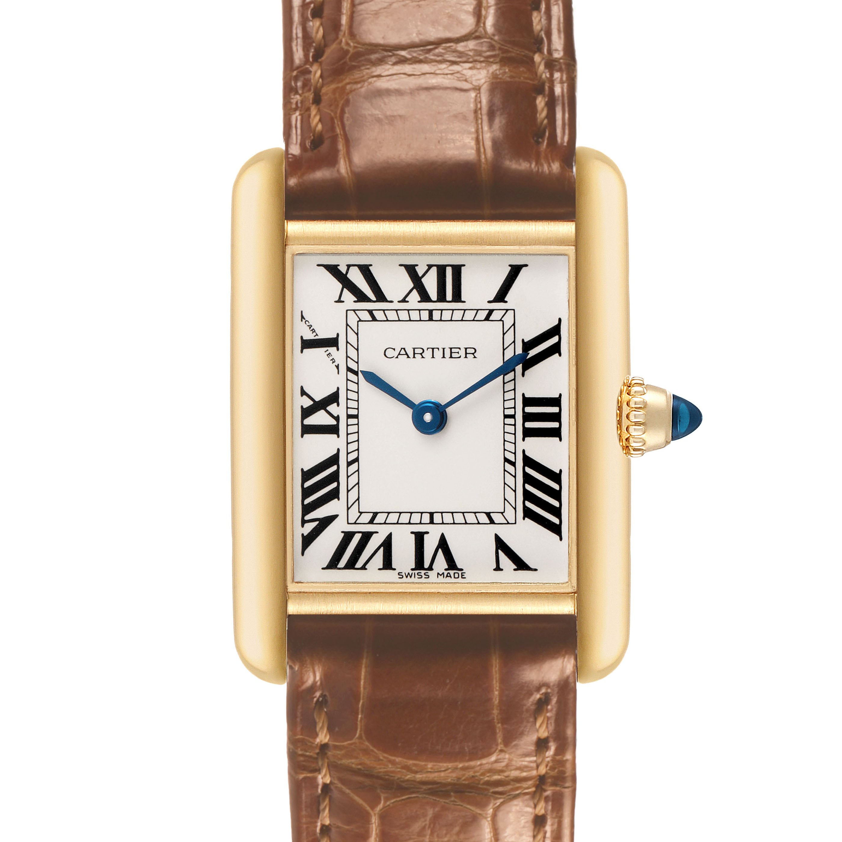 The Cartier Tank Louis W1529856 Women's Yellow Gold Silver Dial watch is shown from the front, highlighting its gold case, Roman numeral dial, and brown leather strap.