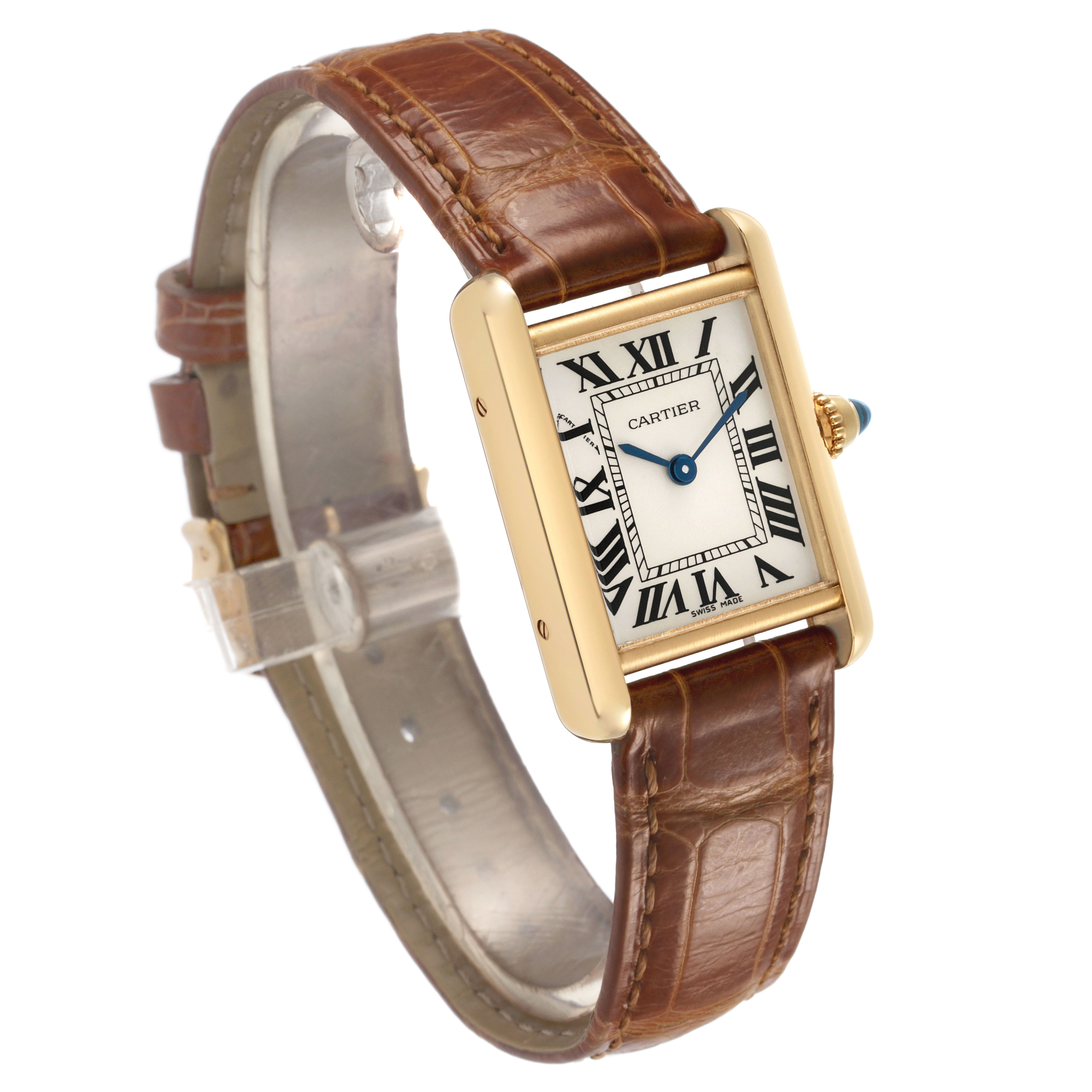 The Cartier Tank Louis W1529856 Women's Yellow Gold Silver Dial watch is shown at an angled view, displaying the rectangular face, Roman numerals, blue hands, and leather strap.