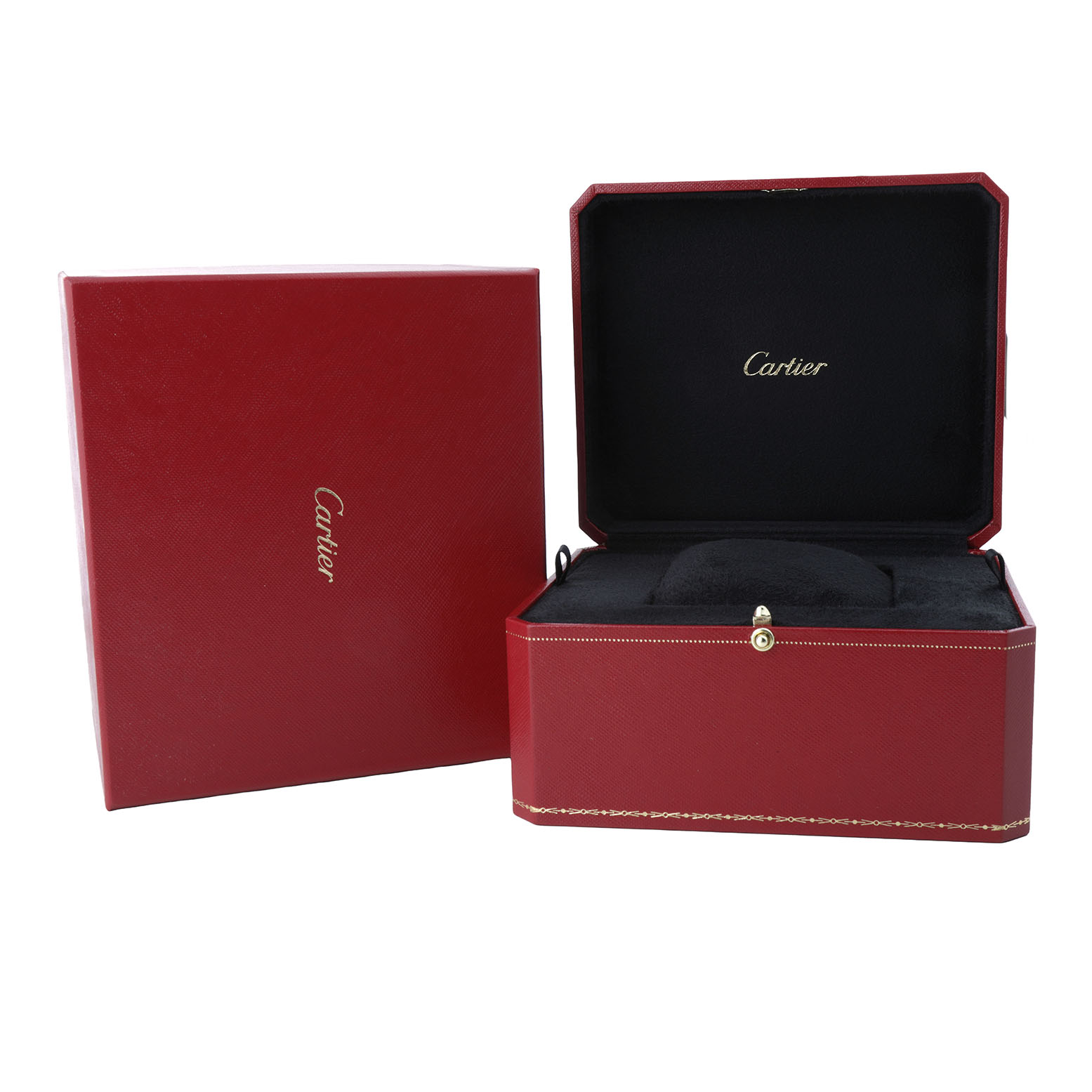 The image shows the open and closed red boxes for a Cartier Tank Louis W1529856 Women's Yellow Gold Silver Dial model watch.