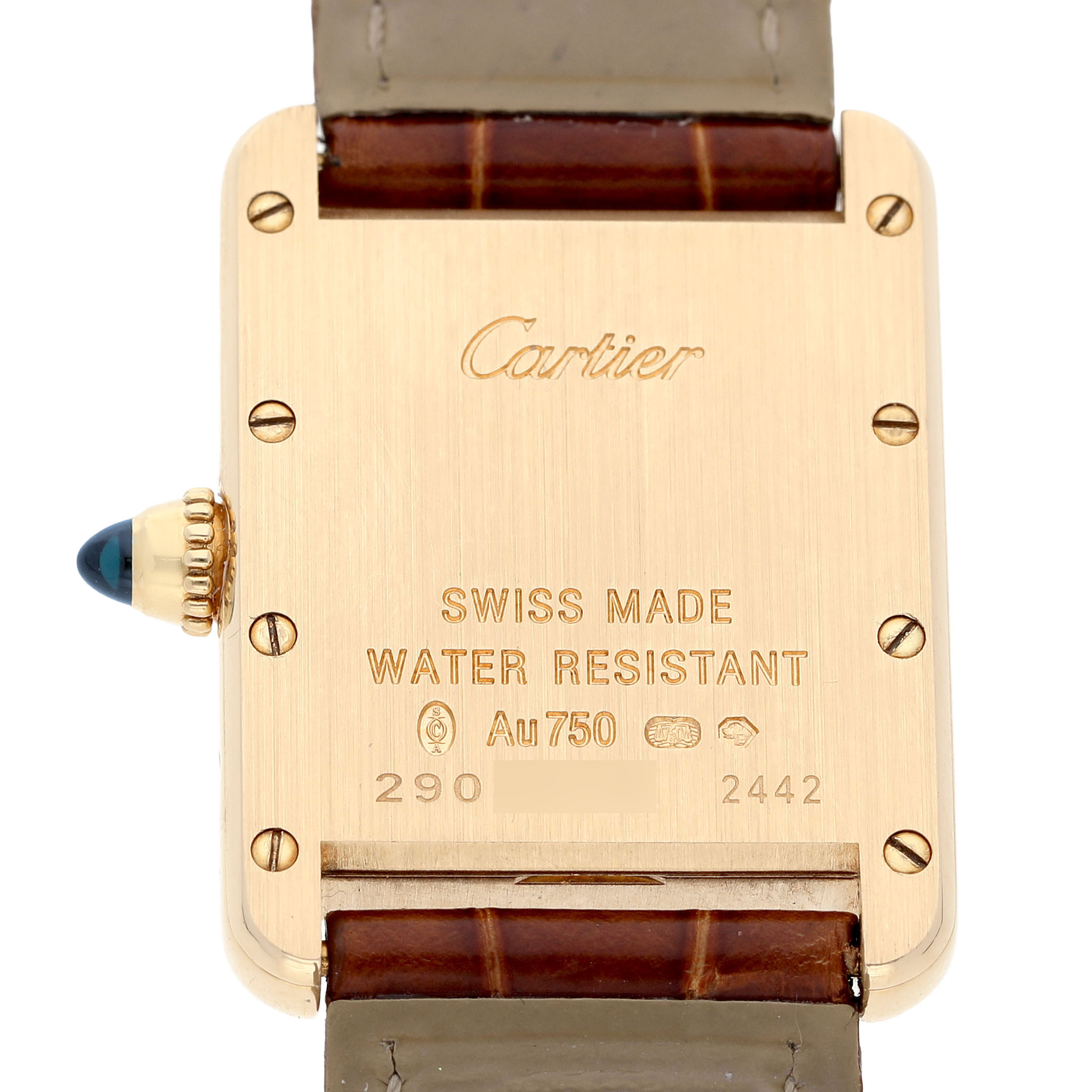 The image shows the back of a Cartier Tank Louis W1529856 Women's Yellow Gold Silver Dial watch, featuring the case back, strap attachment, and crown.