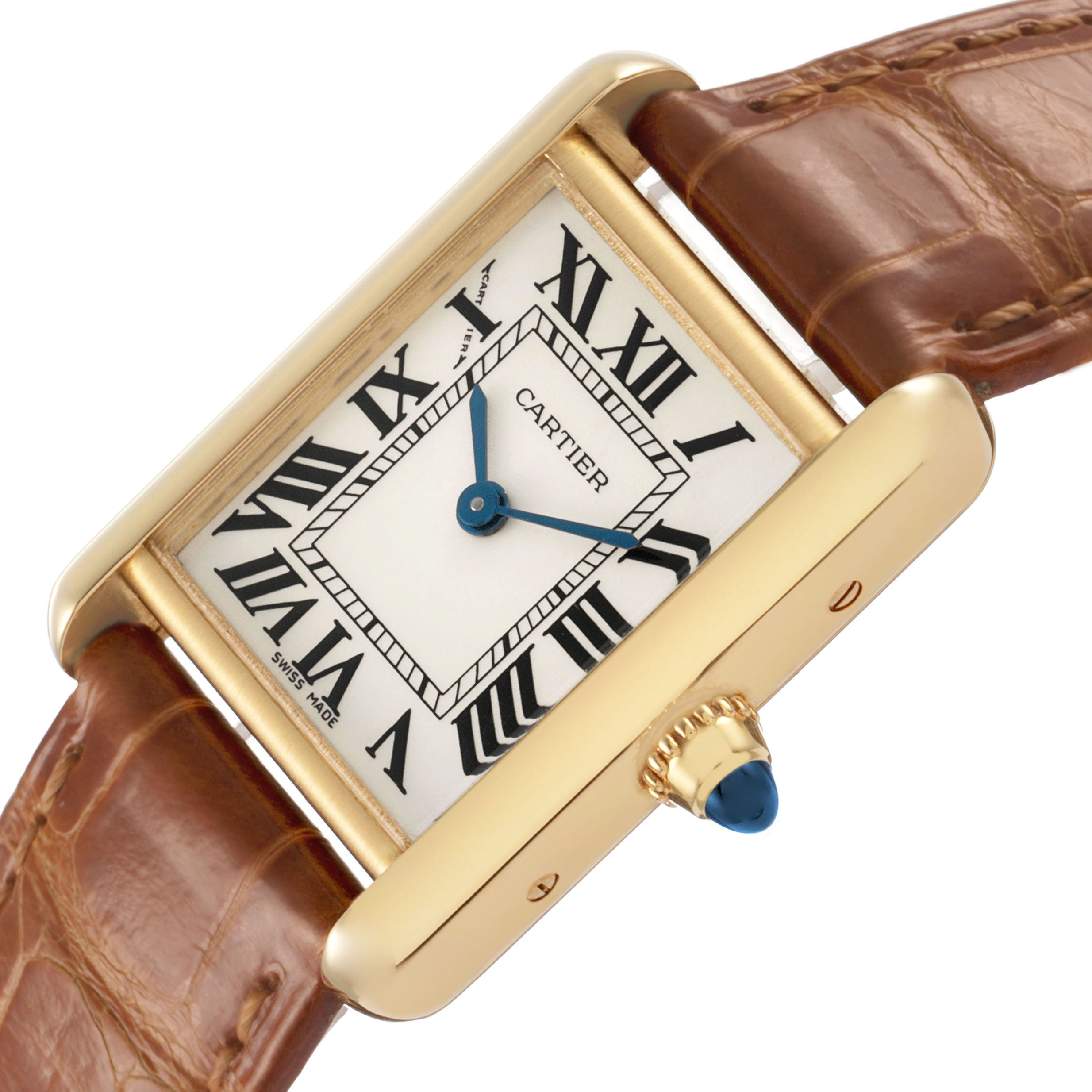 The Cartier Tank Louis W1529856 Women's Yellow Gold Silver Dial watch is shown at an angle highlighting the face, crown, and brown leather strap.