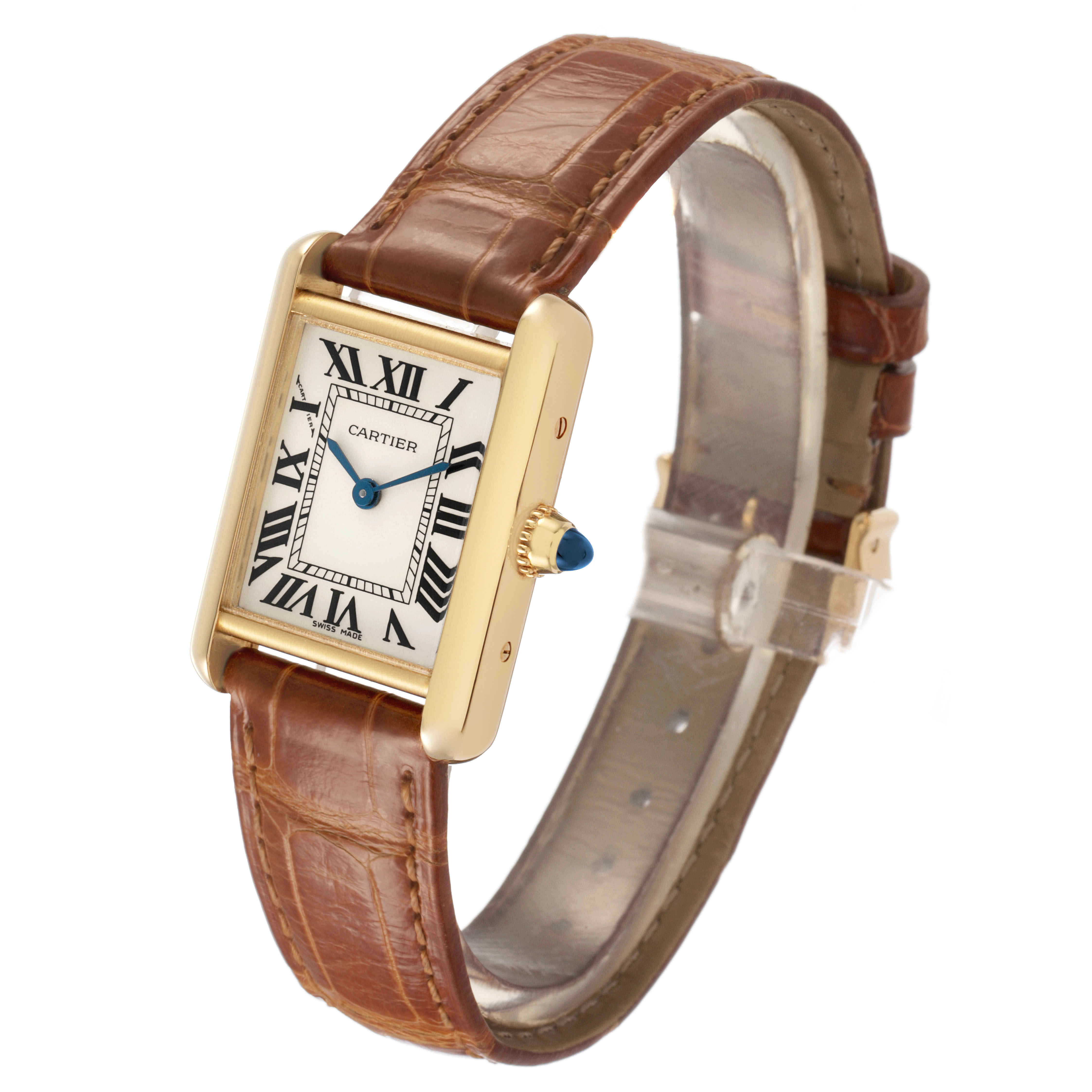 The Cartier Tank Louis W1529856 Women's Yellow Gold Silver Dial watch is shown from a three-quarter angle, displaying its face, strap, and crown.