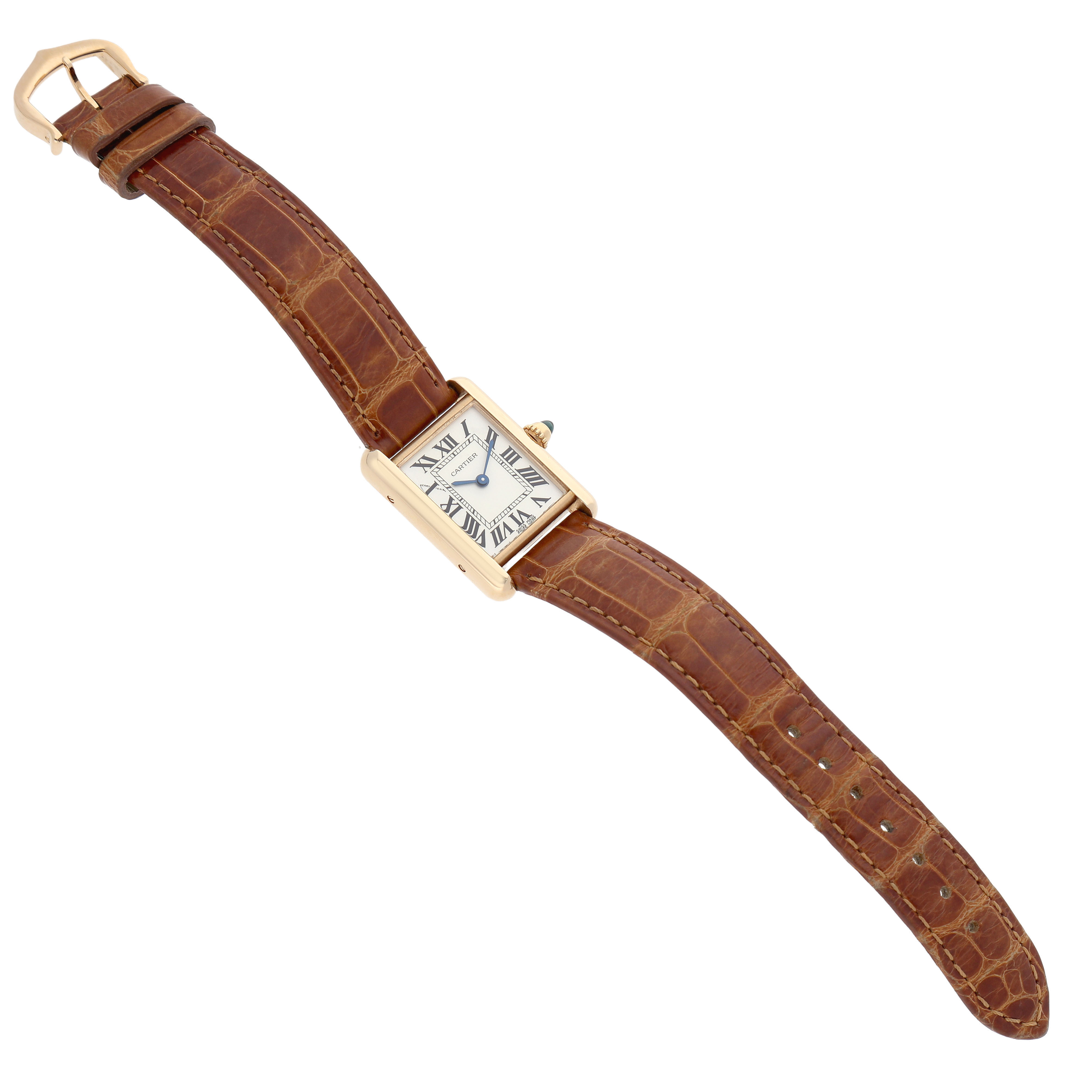 The Cartier Tank Louis W1529856 Women's Yellow Gold Silver Dial watch is shown from a top-down angle, displaying its band, case, dial, and buckle.