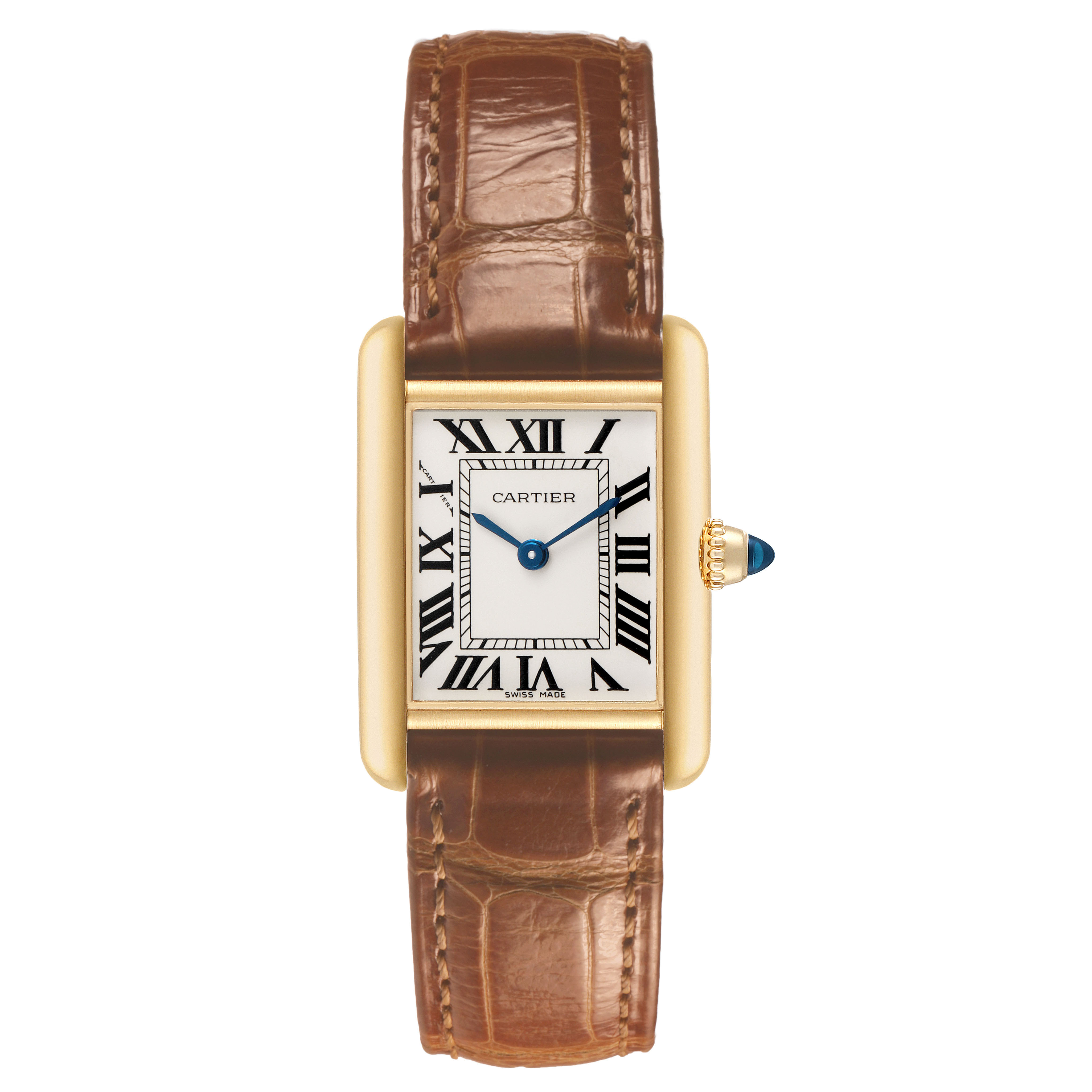 The Cartier Tank Louis W1529856 Women's Yellow Gold Silver Dial watch is shown from the front, highlighting its rectangular case, Roman numerals, and brown leather strap.