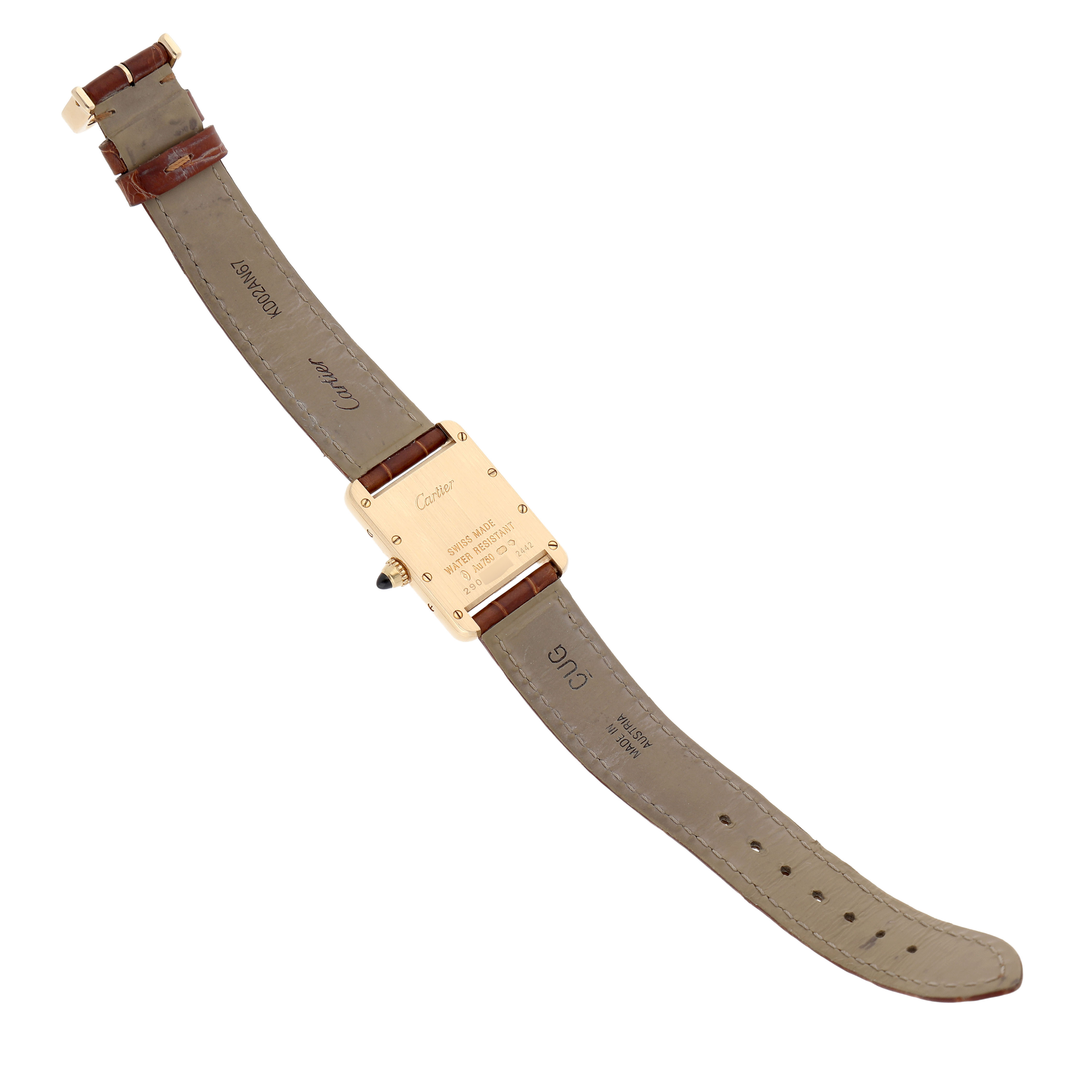 The image shows the back of a Cartier Tank Louis W1529856 Women's Yellow Gold Silver Dial watch with its strap fully extended.