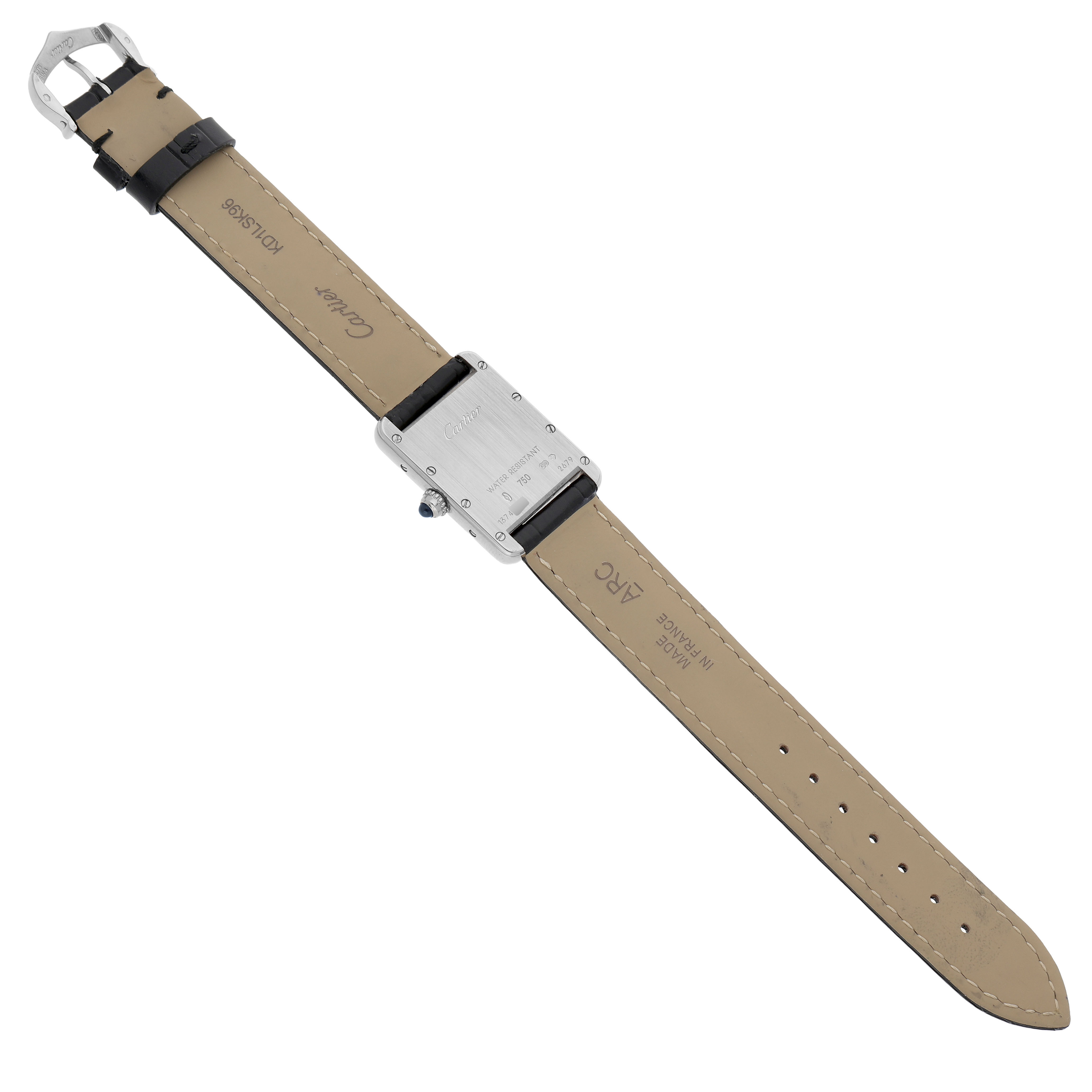 The image shows the back of a Cartier Tank Louis W1541056 Women's White Gold Silver Dial watch, displaying the strap, clasp, and case back.