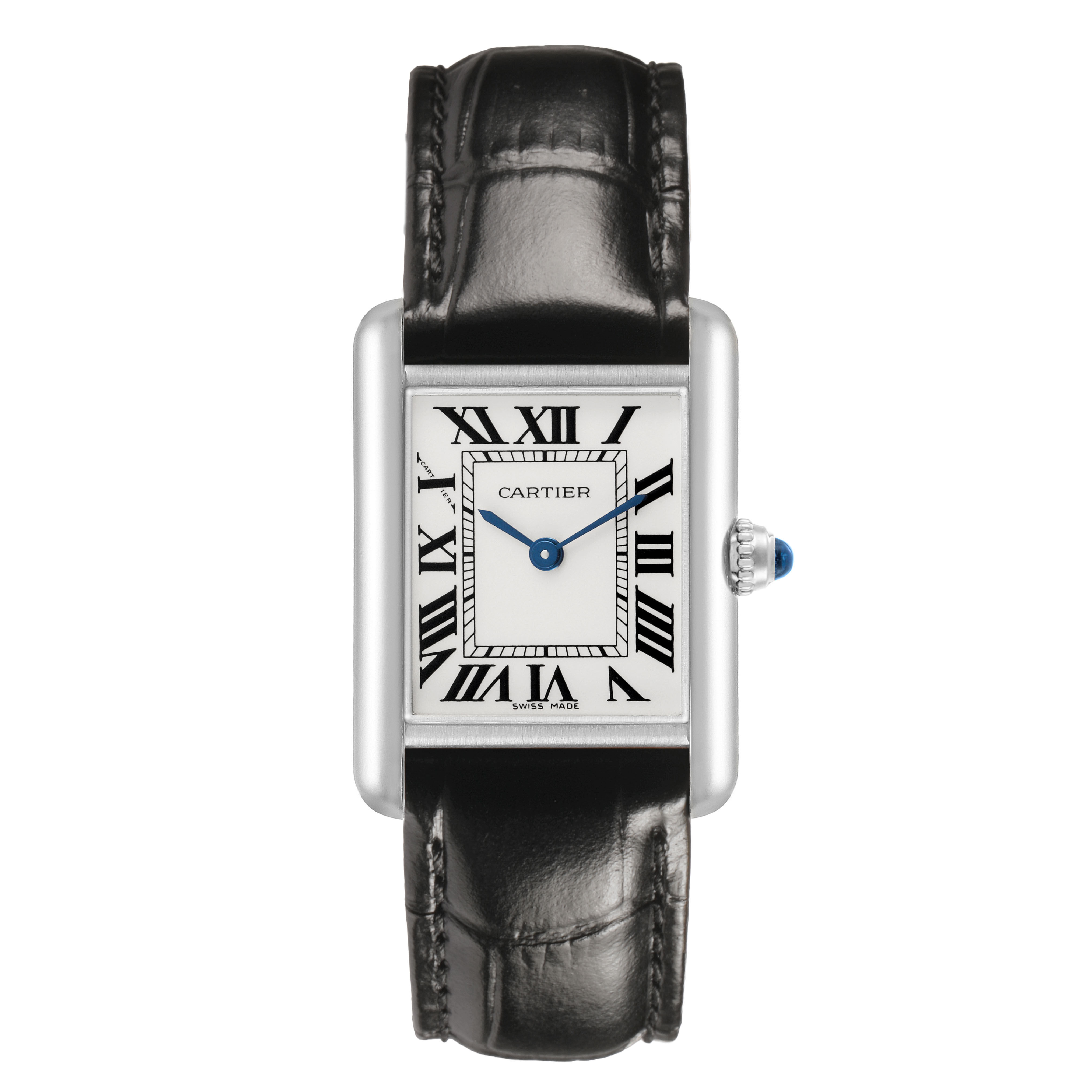 The Cartier Tank Louis W1541056 Women's White Gold Silver Dial watch is shown from the front, displaying the face, dial, and leather strap.