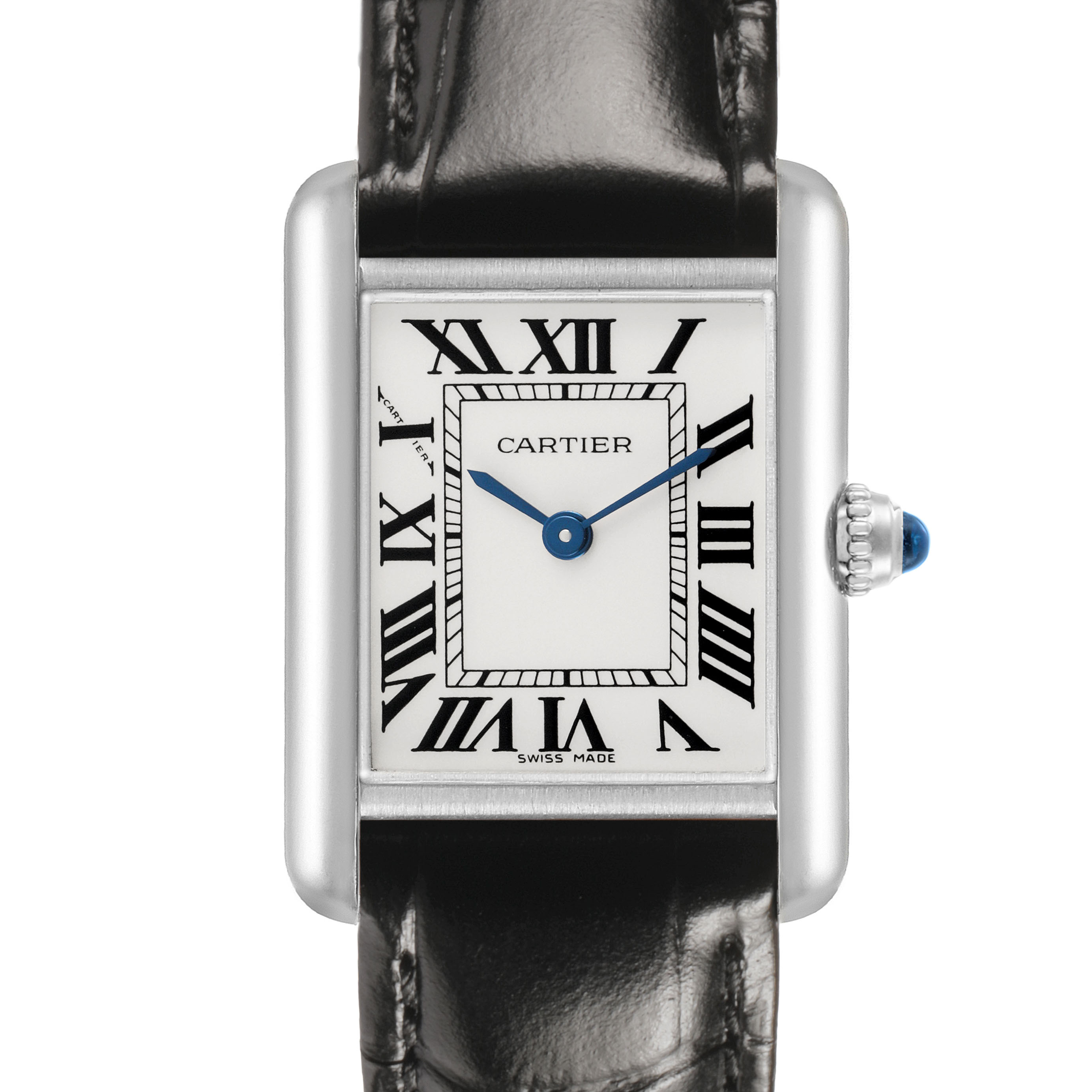 The Cartier Tank Louis W1541056 Women's White Gold Silver Dial watch is shown from the front, displaying its square face, Roman numerals, blue hands, and leather strap.