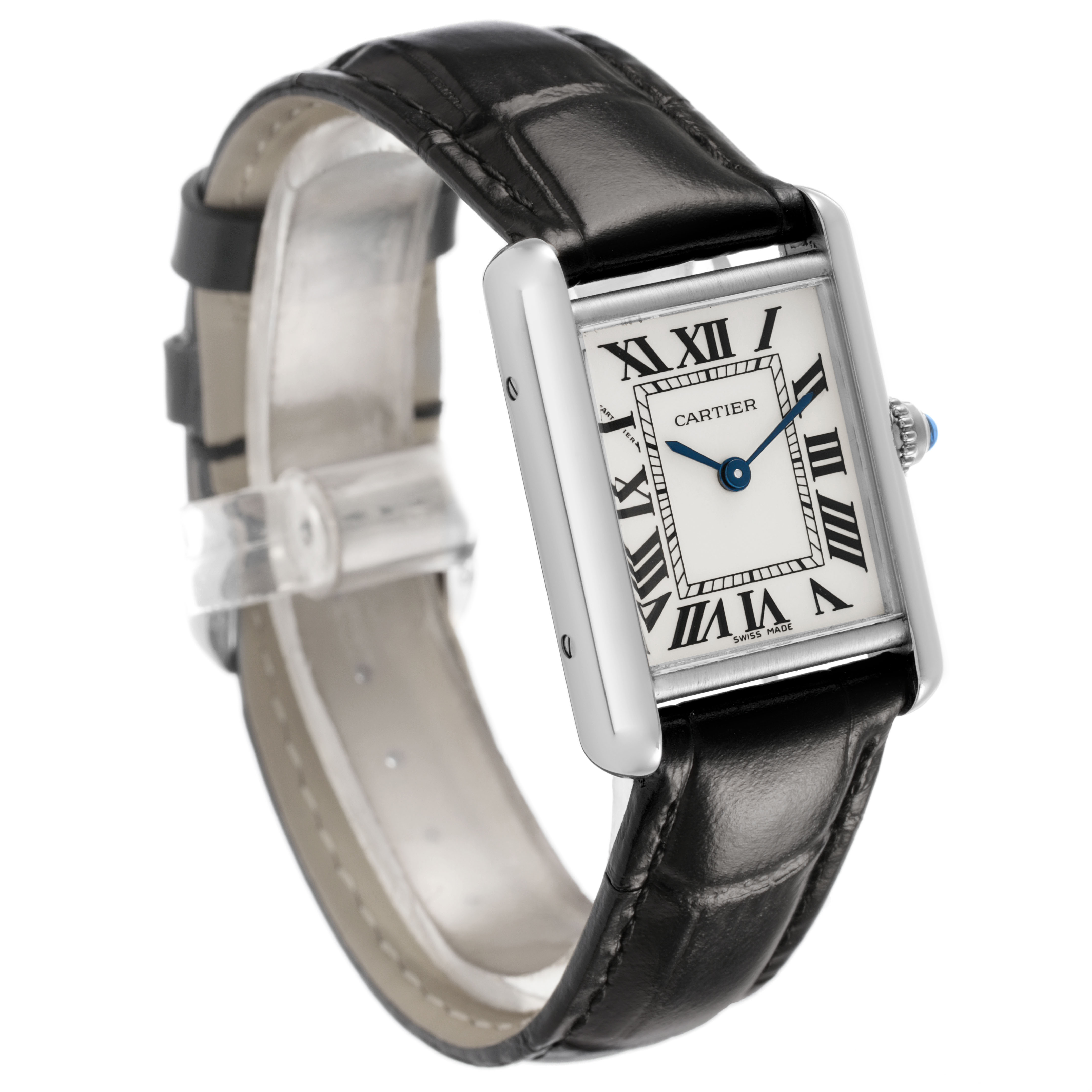 The Cartier Tank Louis W1541056 Women's White Gold Silver Dial watch is shown at a slight angle, featuring its rectangular face, Roman numerals, and black leather strap.