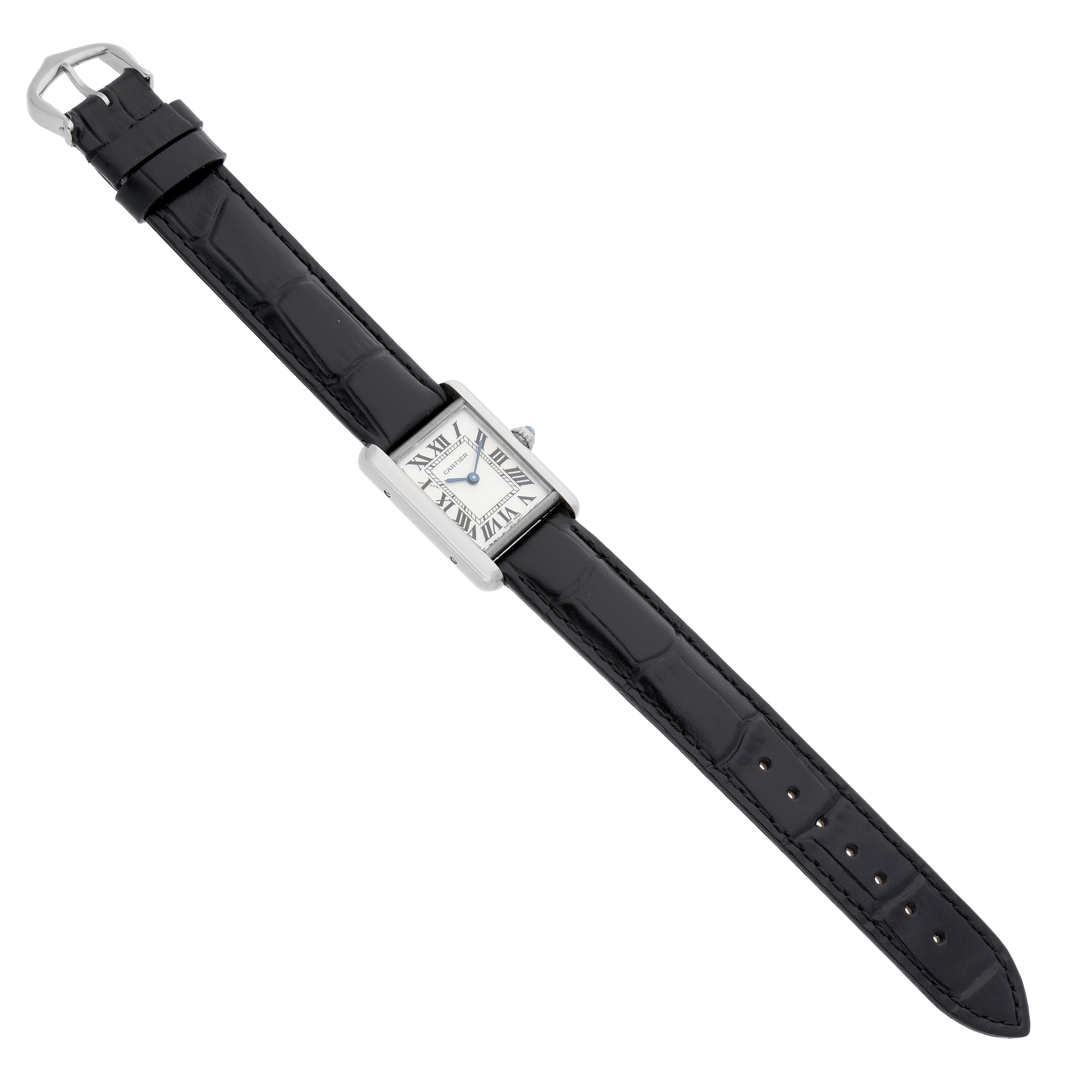 The Cartier Tank Louis W1541056 Women's White Gold Silver Dial watch is shown from the top view, displaying the rectangular face and black leather strap.