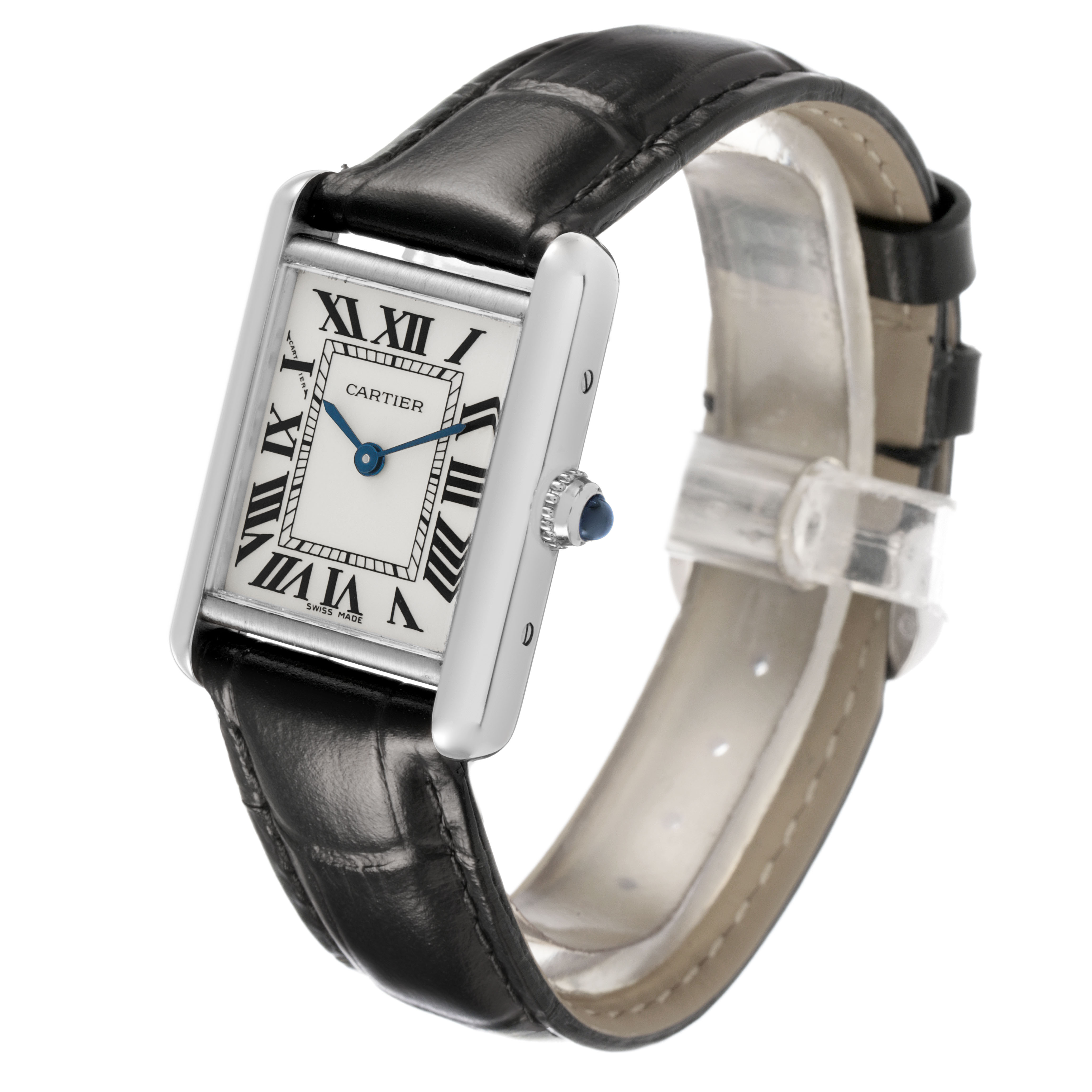 The Cartier Tank Louis W1541056 Women's White Gold Silver Dial watch is shown at an angle displaying the face, crown, and leather strap.