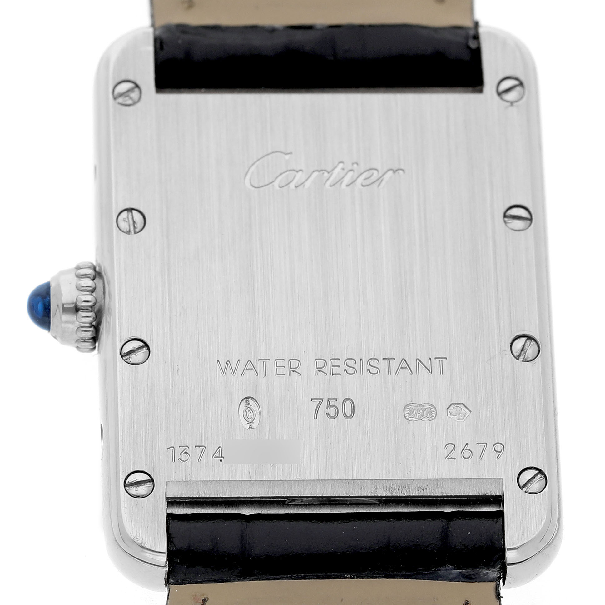 The image shows the back case of the Cartier Tank Louis W1541056 Women's White Gold Silver Dial watch, displaying engravings and the winding crown with a blue gemstone.