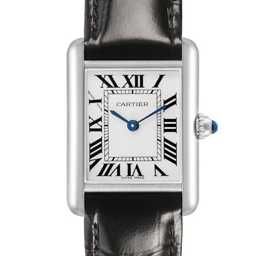 The Cartier Tank Louis W1541056 Women's White Gold Silver Dial watch is shown from the front, highlighting its rectangular face, Roman numerals, and leather strap.