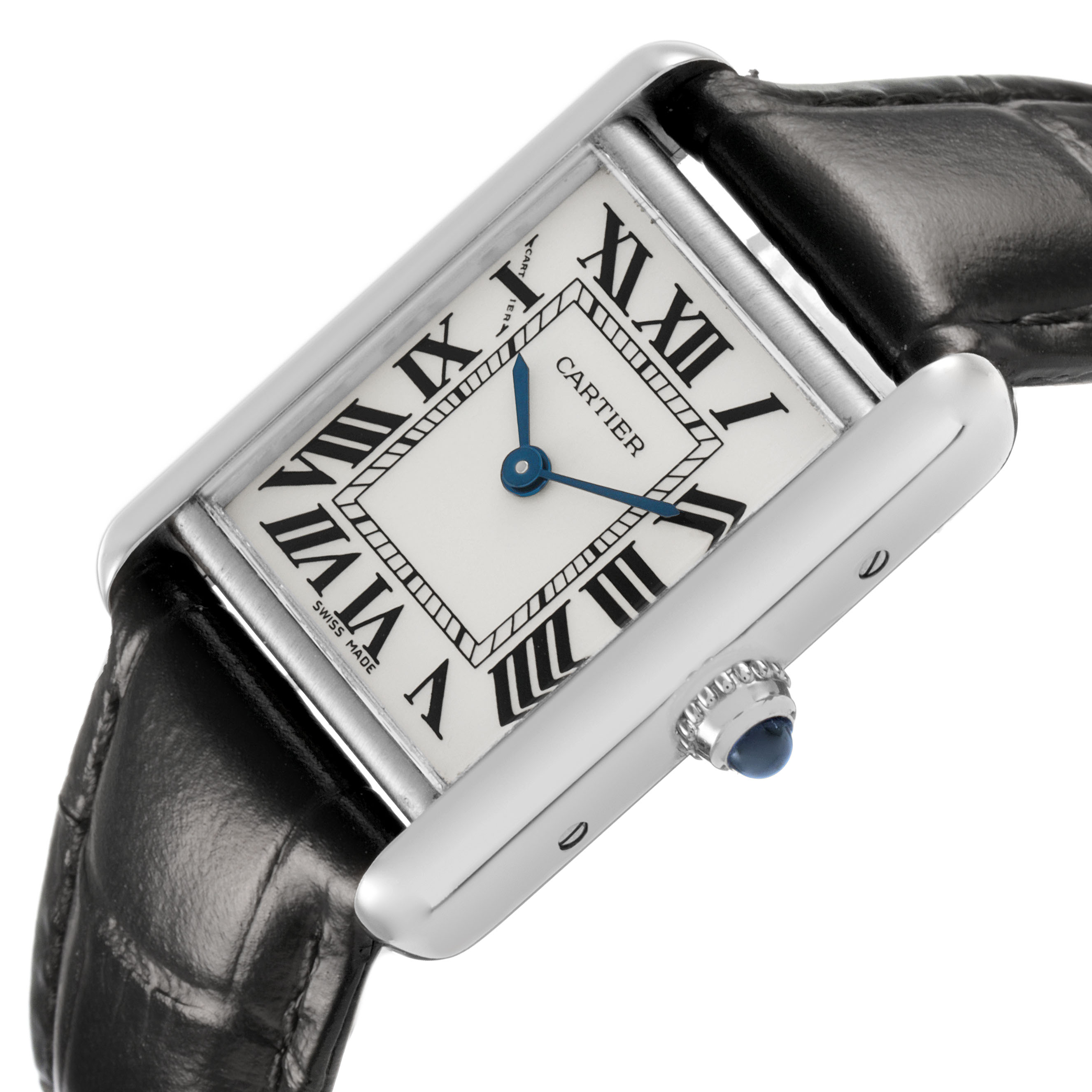 The Cartier Tank Louis W1541056 Women's White Gold Silver Dial watch is shown at an angle highlighting its rectangular face, Roman numerals, and blue hands.