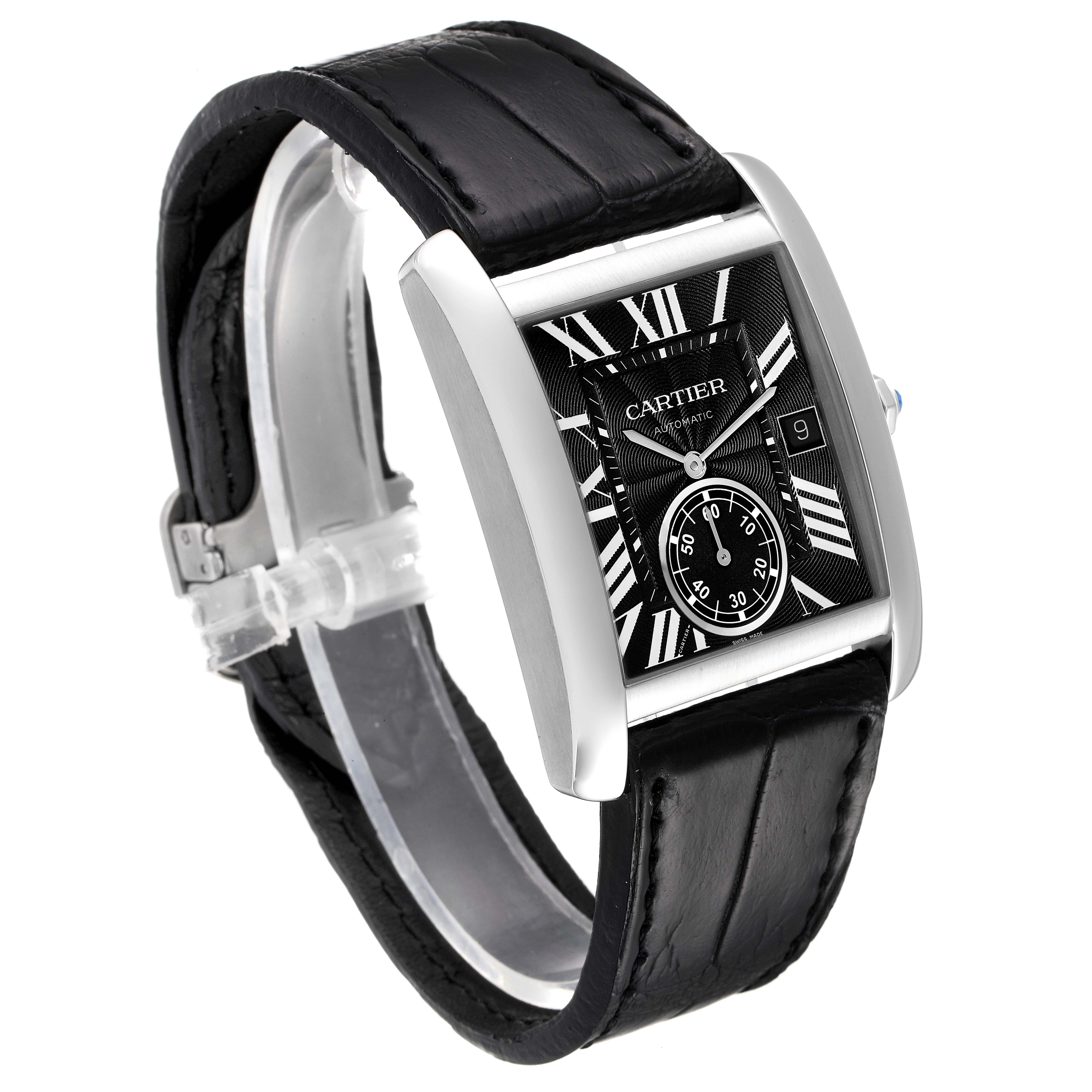 The image shows a Cartier Tank MC W5330004 Men's Stainless Steel Black Dial W5330004 Men's Stainless Steel Black Dial watch angled to display its face, strap, and clasp.