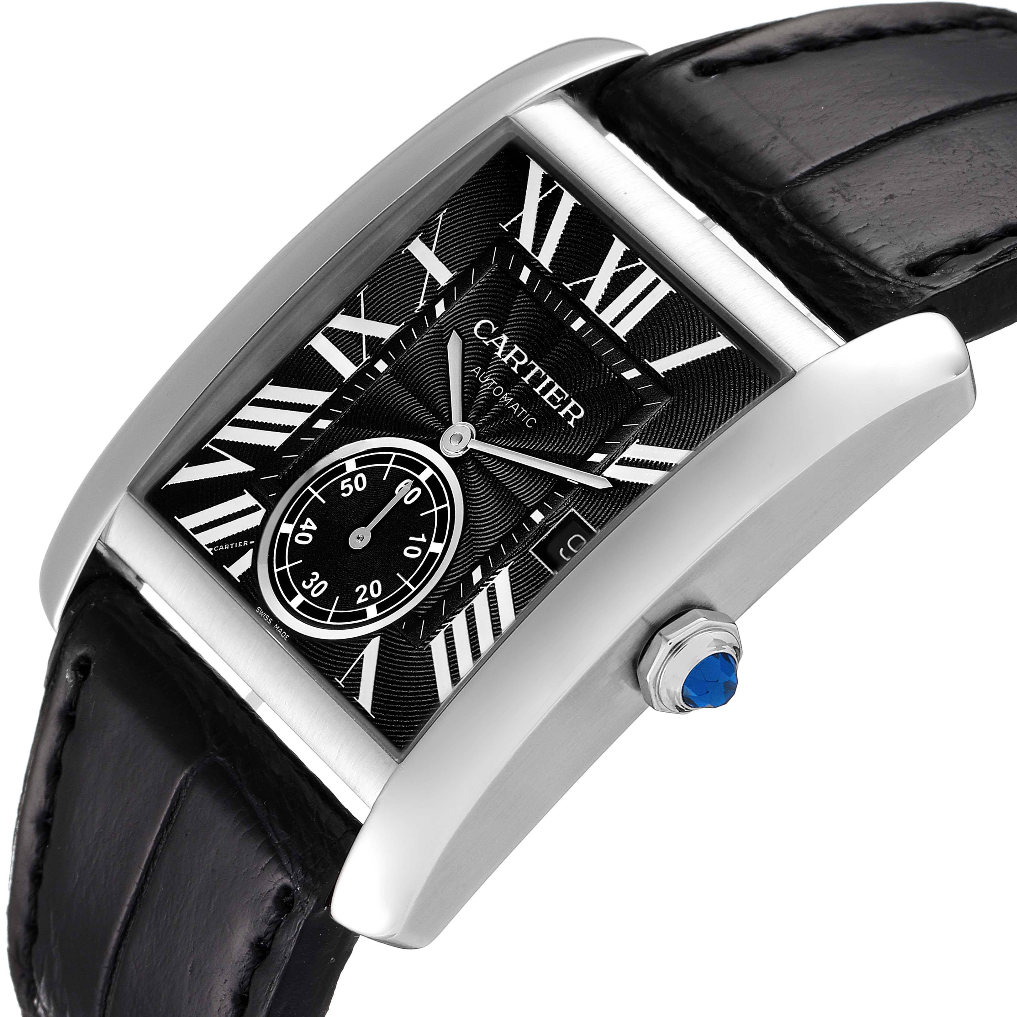 The image shows a Cartier Tank MC W5330004 Men's Stainless Steel Black Dial W5330004 Men's Stainless Steel Black Dial watch at an angled view, highlighting the dial, crown, and leather strap.