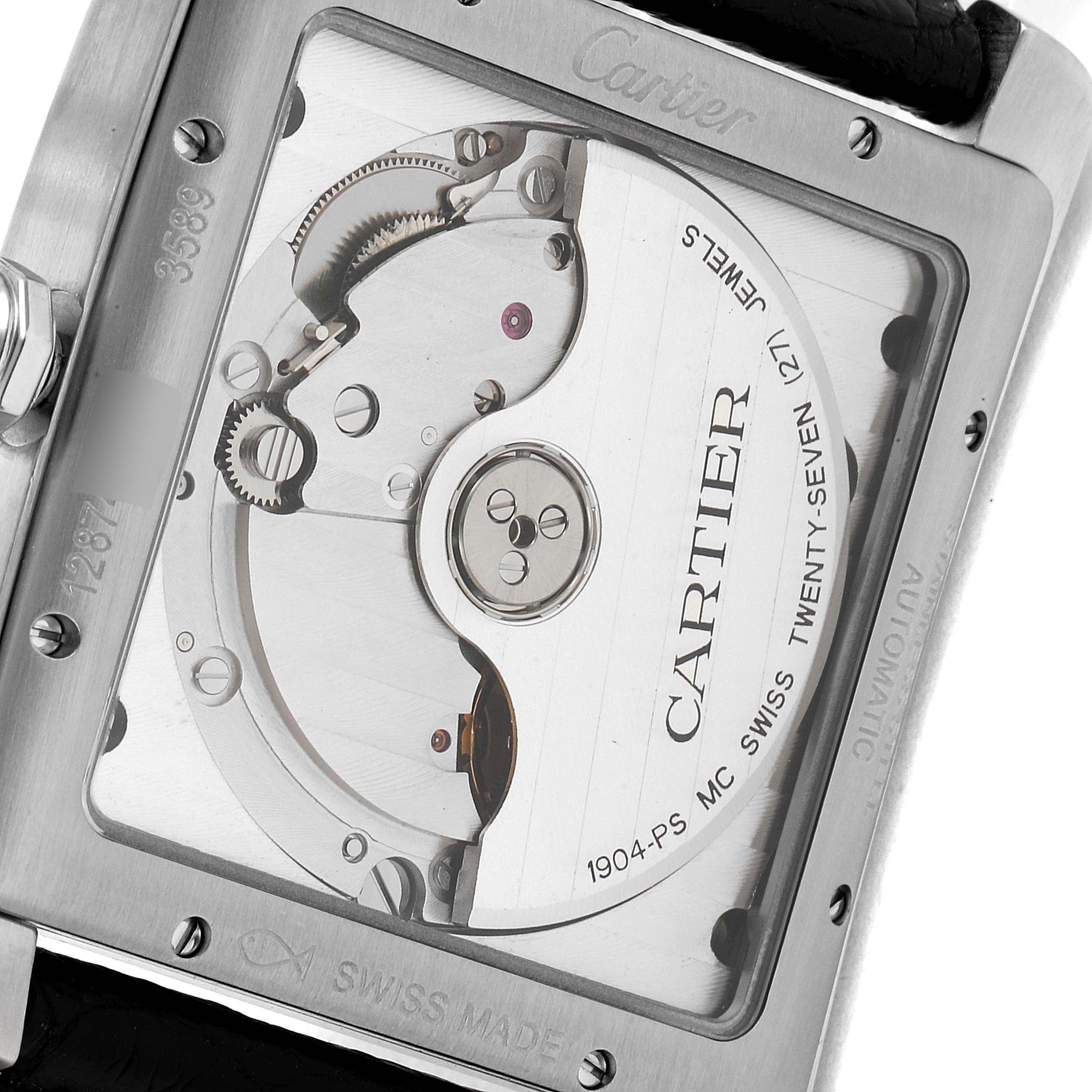 The image shows the back view of the Cartier Tank MC W5330004 Men's Stainless Steel Black Dial W5330004 Men's Stainless Steel Black Dial watch, revealing its internal mechanical components.
