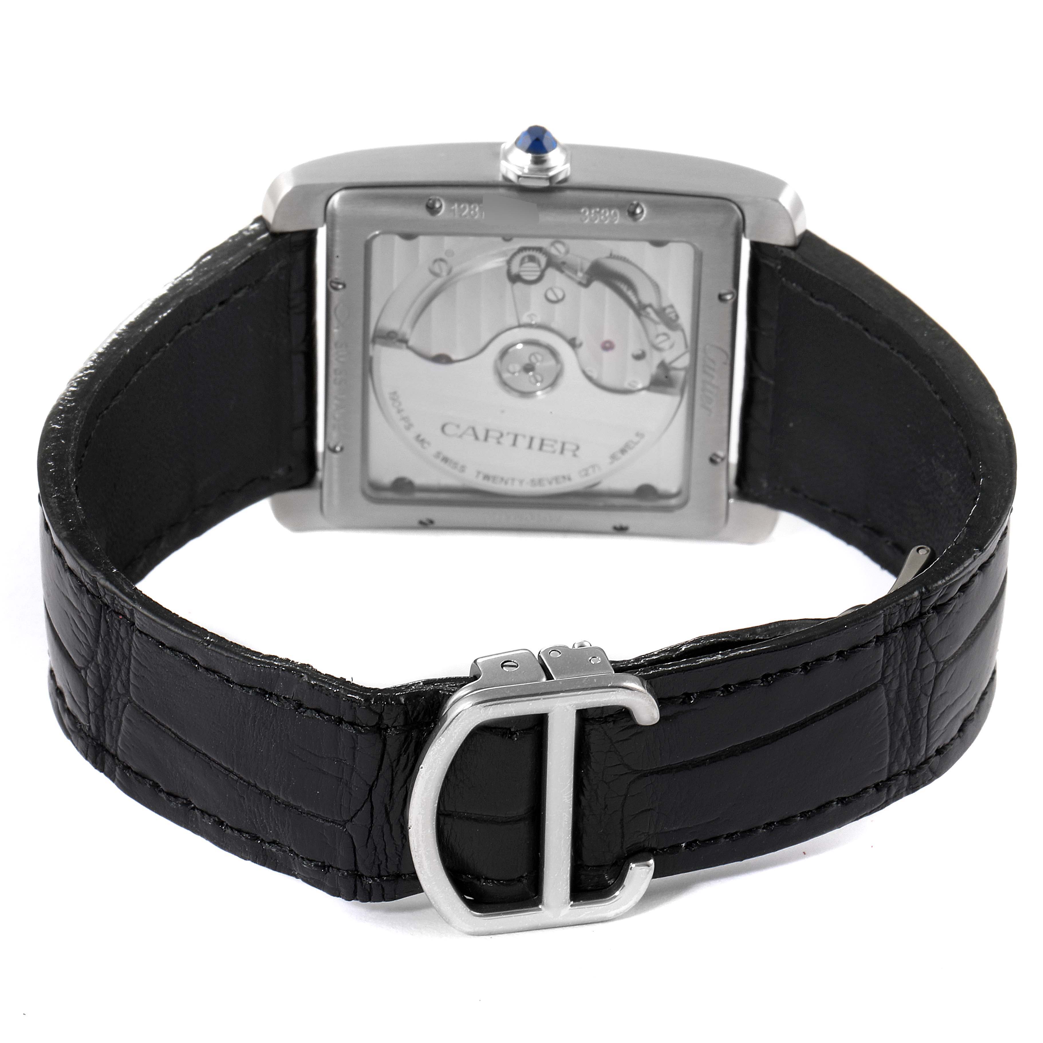 The image shows the back view of the Cartier Tank MC W5330004 Men's Stainless Steel Black Dial W5330004 Men's Stainless Steel Black Dial watch, featuring its black leather strap and visible mechanism.