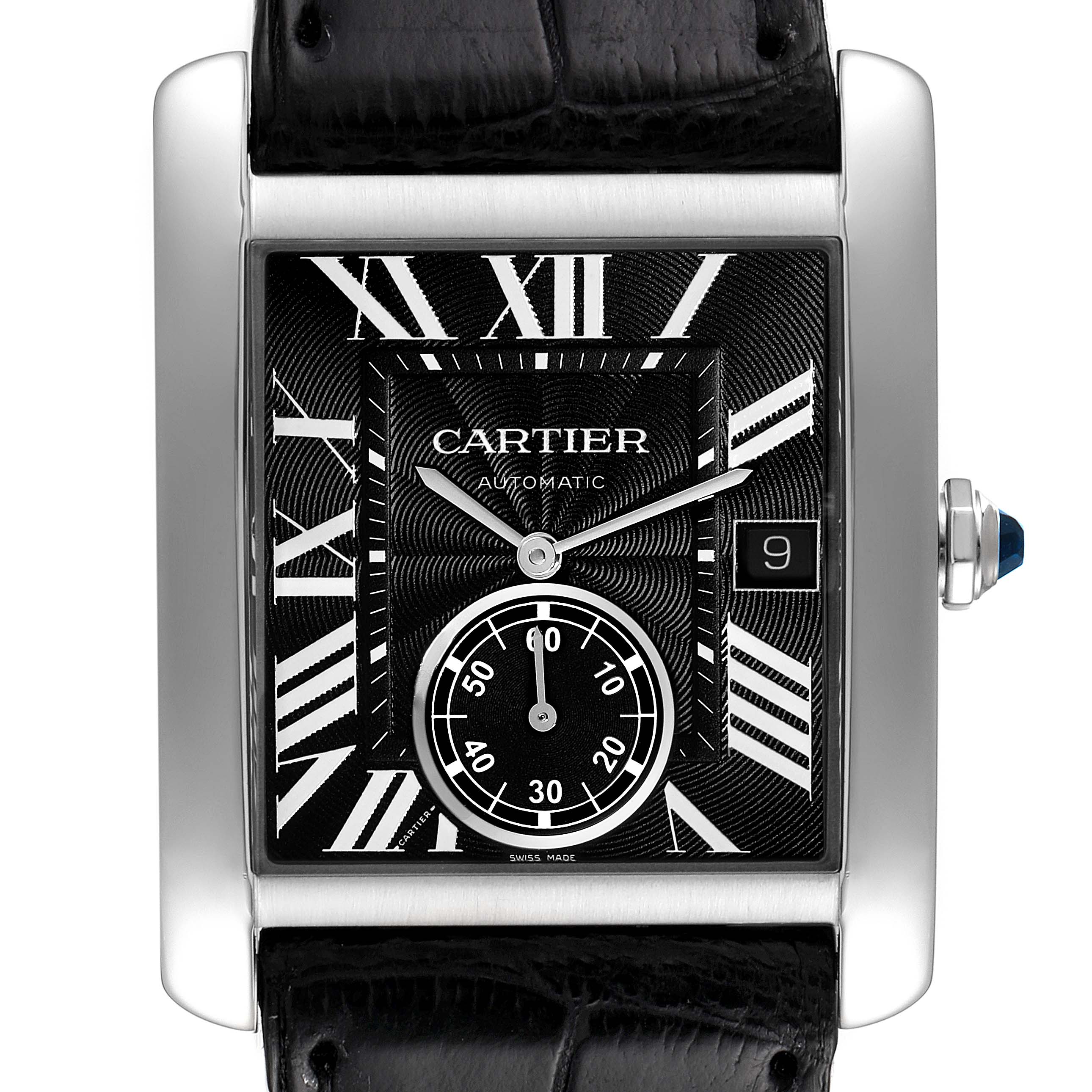 The image shows a front view of the Cartier Tank MC W5330004 Men's Stainless Steel Black Dial W5330004 Men's Stainless Steel Black Dial watch, highlighting its rectangular case, black dial, and leather strap.